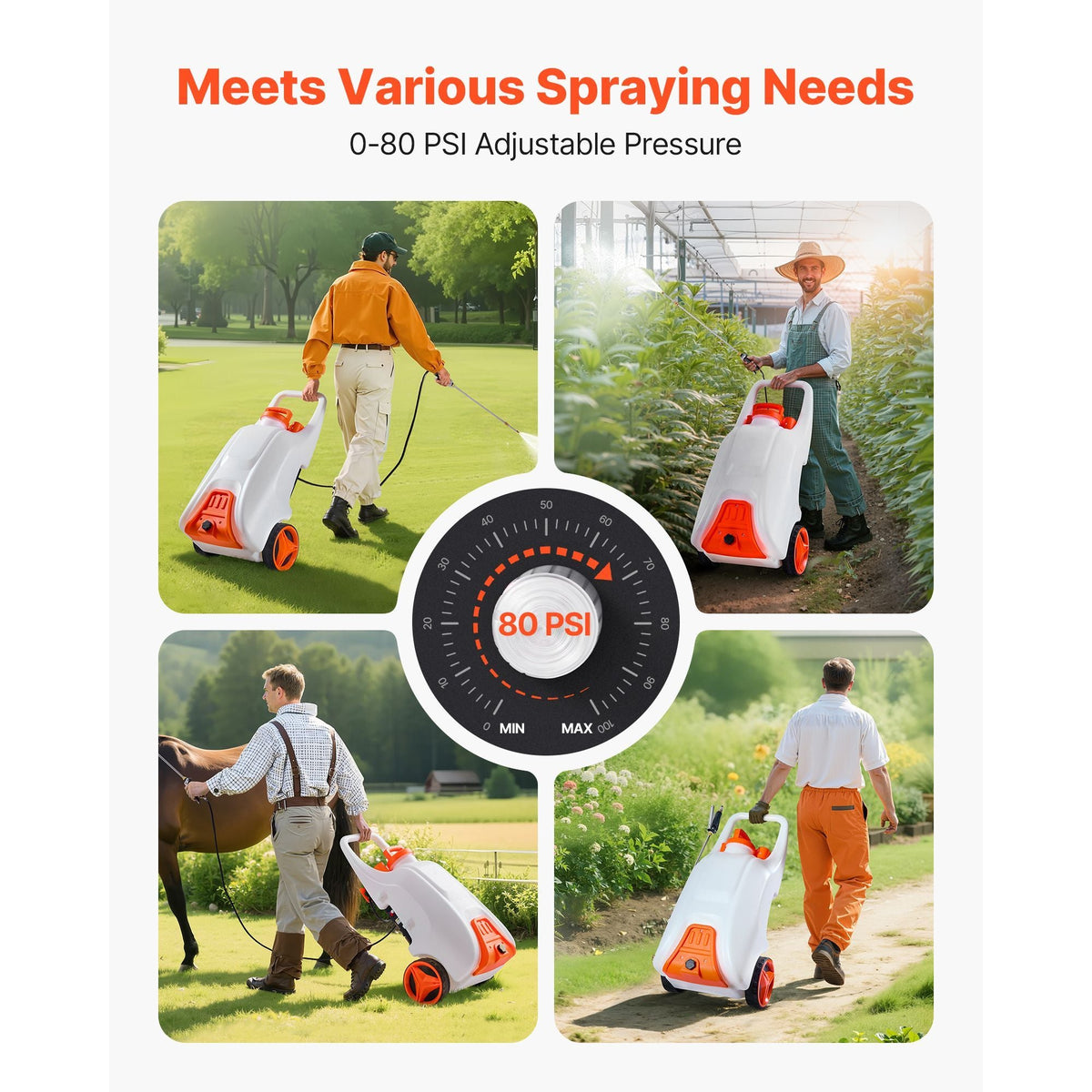 Battery-Powered Sprayer with Wheeled Cart, 13.1 Gallons Electric Weed Sprayer, Adjustable 0-80 PSI, Yard Lawn Sprayers with Wheels, 5 Nozzles & 98ft Hose, 3-6H Spray Time, for Weeding, Cleaning