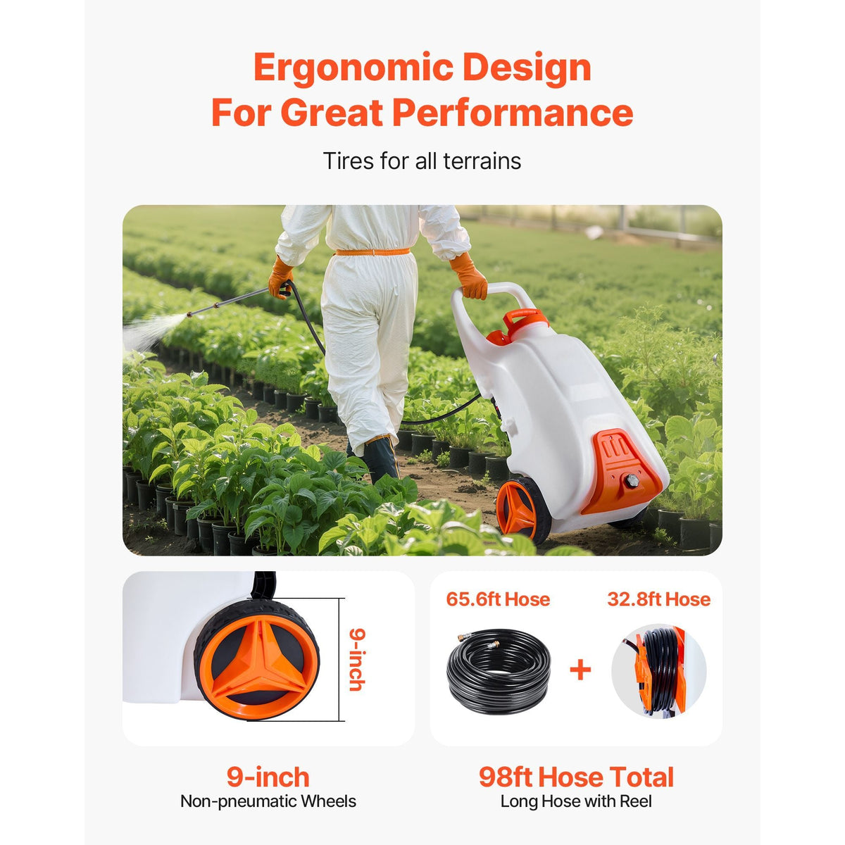Battery-Powered Sprayer with Wheeled Cart, 13.1 Gallons Electric Weed Sprayer, Adjustable 0-80 PSI, Yard Lawn Sprayers with Wheels, 5 Nozzles & 98ft Hose, 3-6H Spray Time, for Weeding, Cleaning