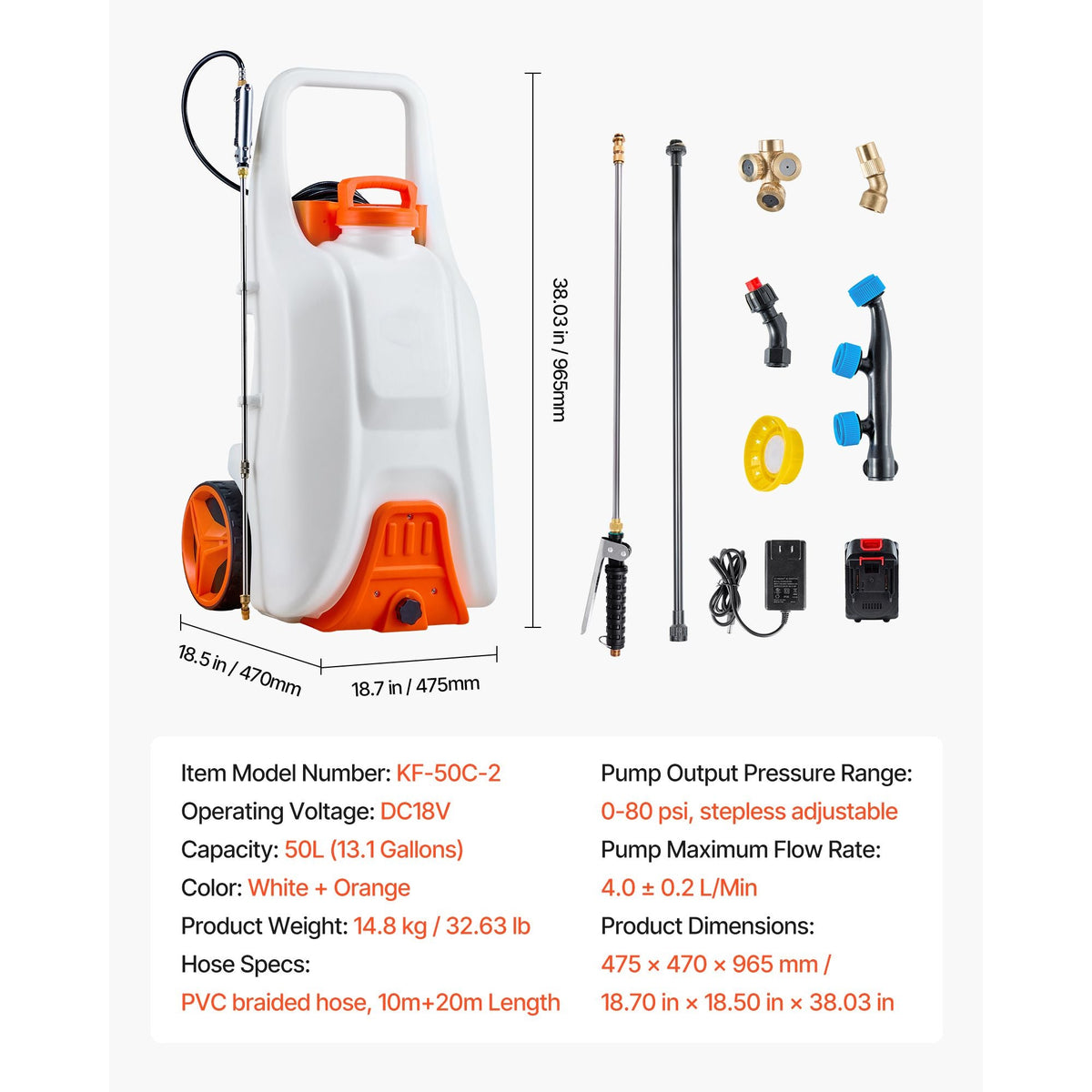Battery-Powered Sprayer with Wheeled Cart, 13.1 Gallons Electric Weed Sprayer, Adjustable 0-80 PSI, Yard Lawn Sprayers with Wheels, 5 Nozzles & 98ft Hose, 3-6H Spray Time, for Weeding, Cleaning