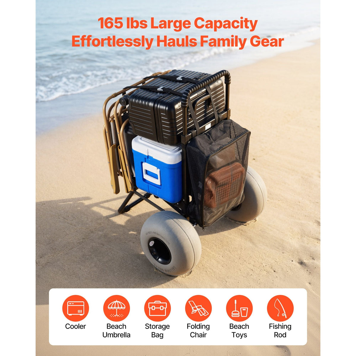 Beach Dolly with Big Wheels for Sand, 18" x 15" Cargo Deck, Folding Sand Cart with 12" Balloon Wheels, 165 lbs Loading Capacity & 34" to 45" Adjustable Height, Heavy Duty Cart for Beach Camping