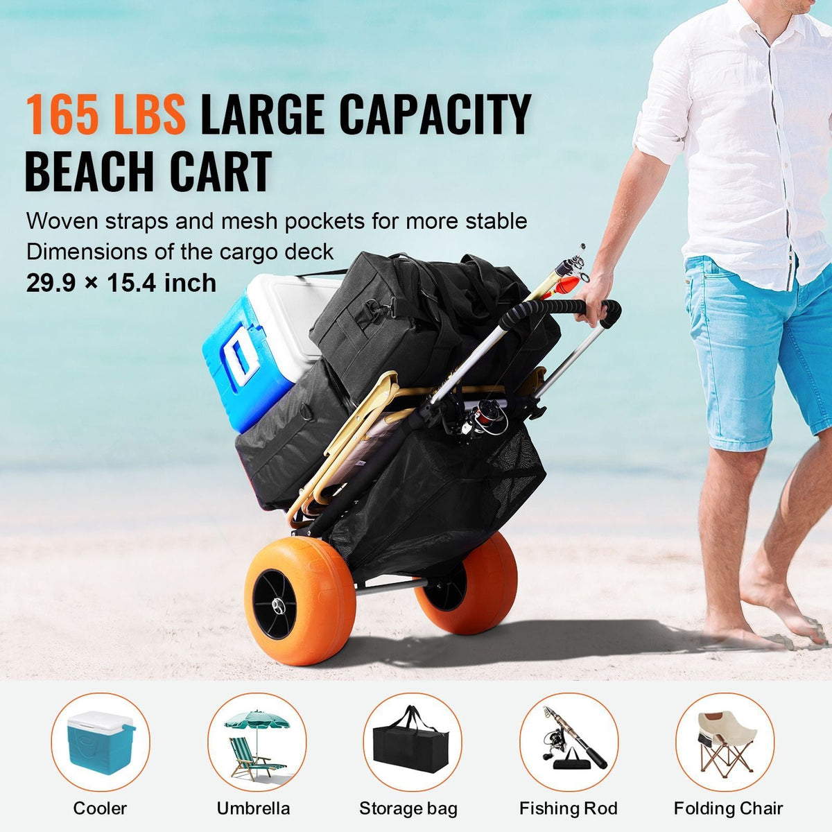 Beach Dolly with Big Wheels for Sand, 29.9" x 15.4" Cargo Deck, w/ 12" Solid Wheels, 165LBS Loading Capacity Folding Sand Cart & 27" to 44.7" Adjustable Height, Heavy Duty Cart for Beach