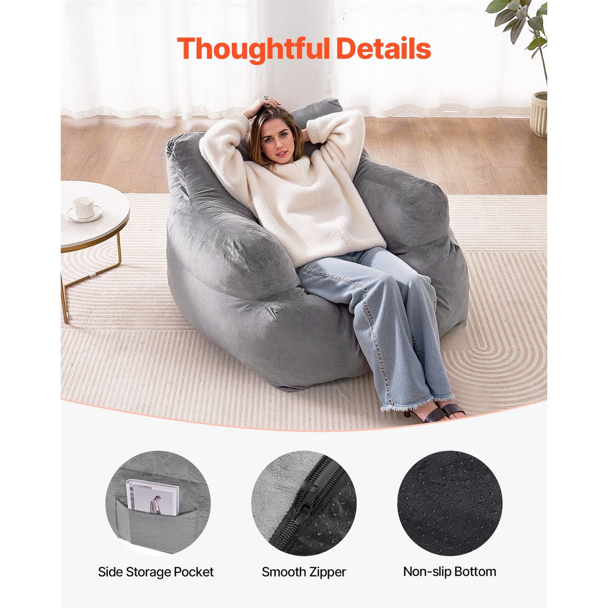 Bean Bag Chair, BeanBag Sofa Chair with Armrests for Adults, Fluffy Plush & High-Density Foam Filling Adult Bean Bag with Zapper, Comfy Lazy Sofa Chair Ideal for Living Room, Bedroom, Grey