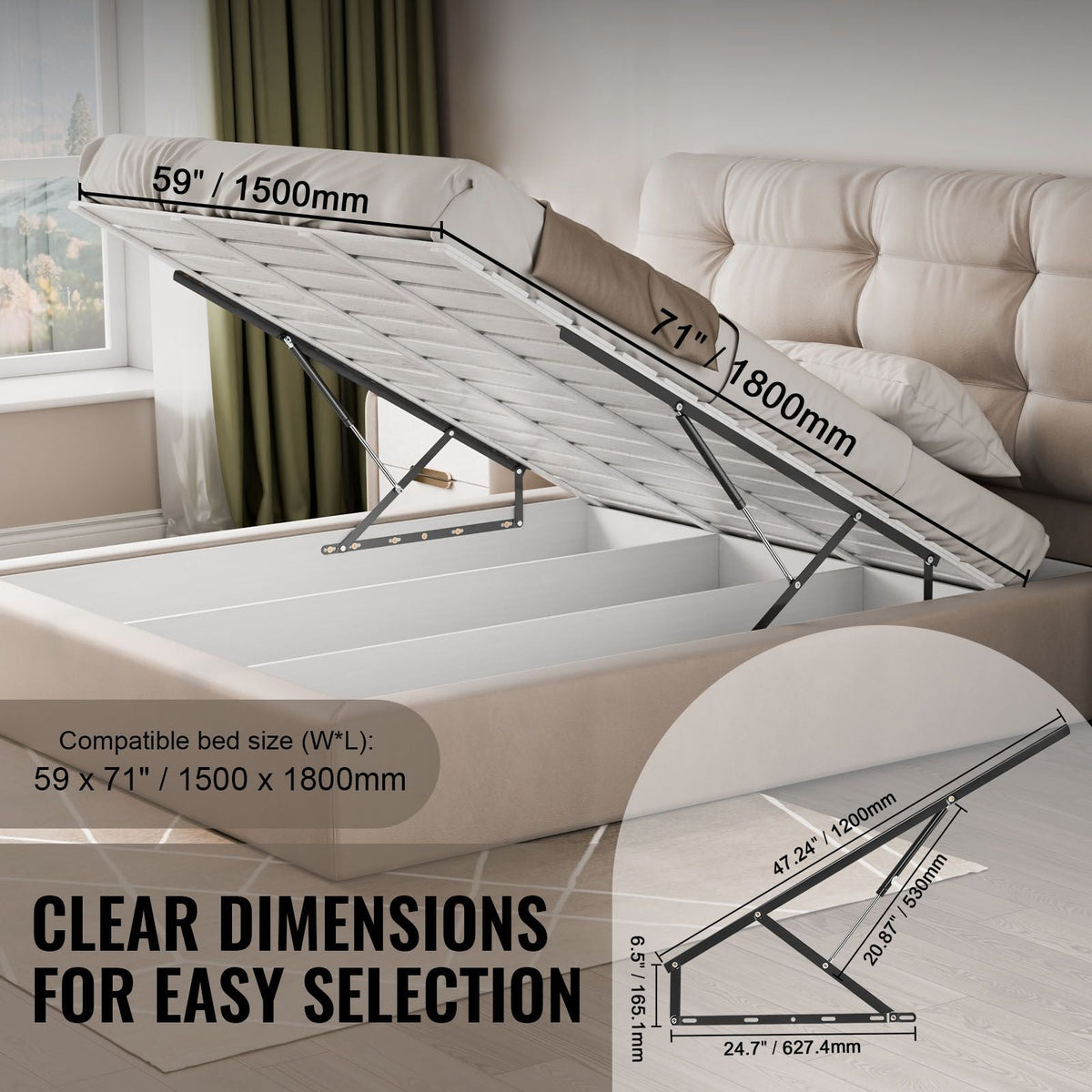 Bed Lift, 59x71 in Compatible Bed Size 154 lbs Load Bearing, DIY Wall Bed Mechanical Hardware Kit Vertical Deluxe, Pneumatic Lever Heavy Duty Bed Support, Folding Wall Bed for Guestroom