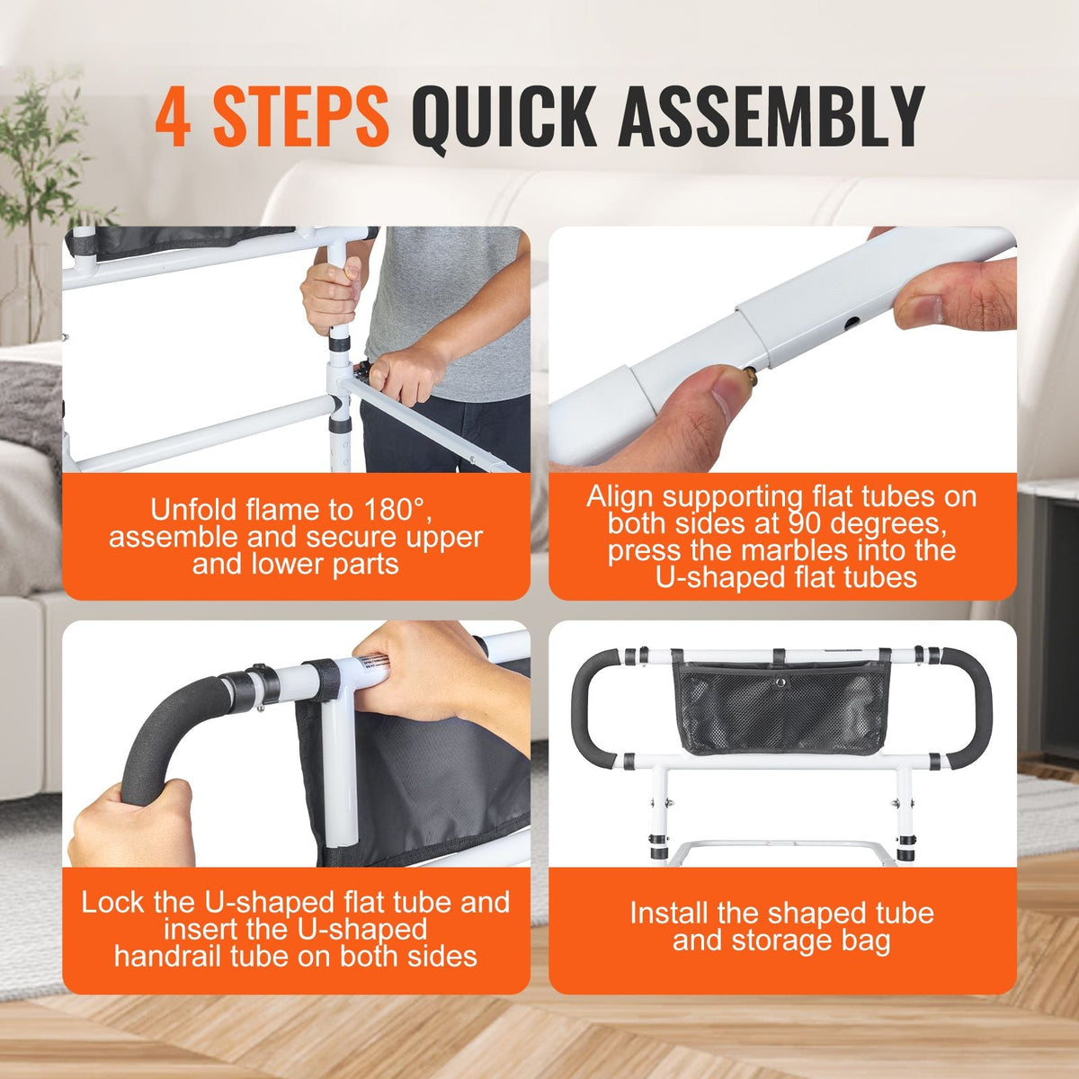 Bed Rails for Elderly Adults, 180° Foldable Bed Assist Rails for Seniors, 450LBS Loading Bed Side Rails Bed Cane with 4-Level Adjustable Handle, Storage Pocket Fits King Queen Full Twin Bed