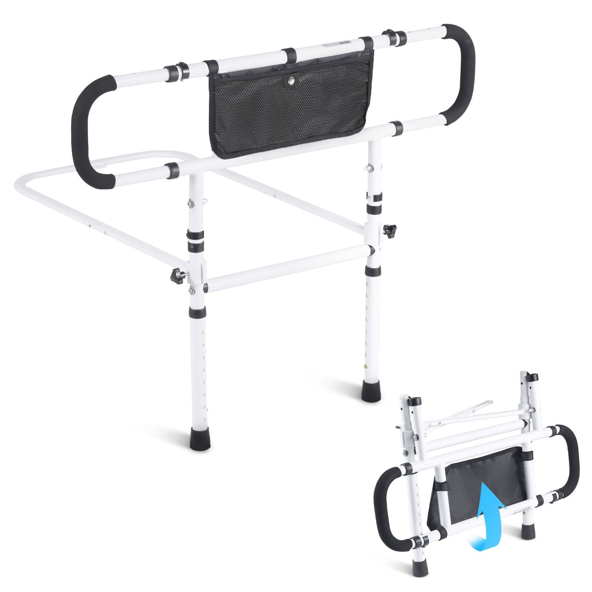 Bed Rails for Elderly Adults, 180° Foldable Bed Assist Rails for Seniors, 450LBS Loading Bed Side Rails Bed Cane with 4-Level Adjustable Handle, Storage Pocket Fits King Queen Full Twin Bed