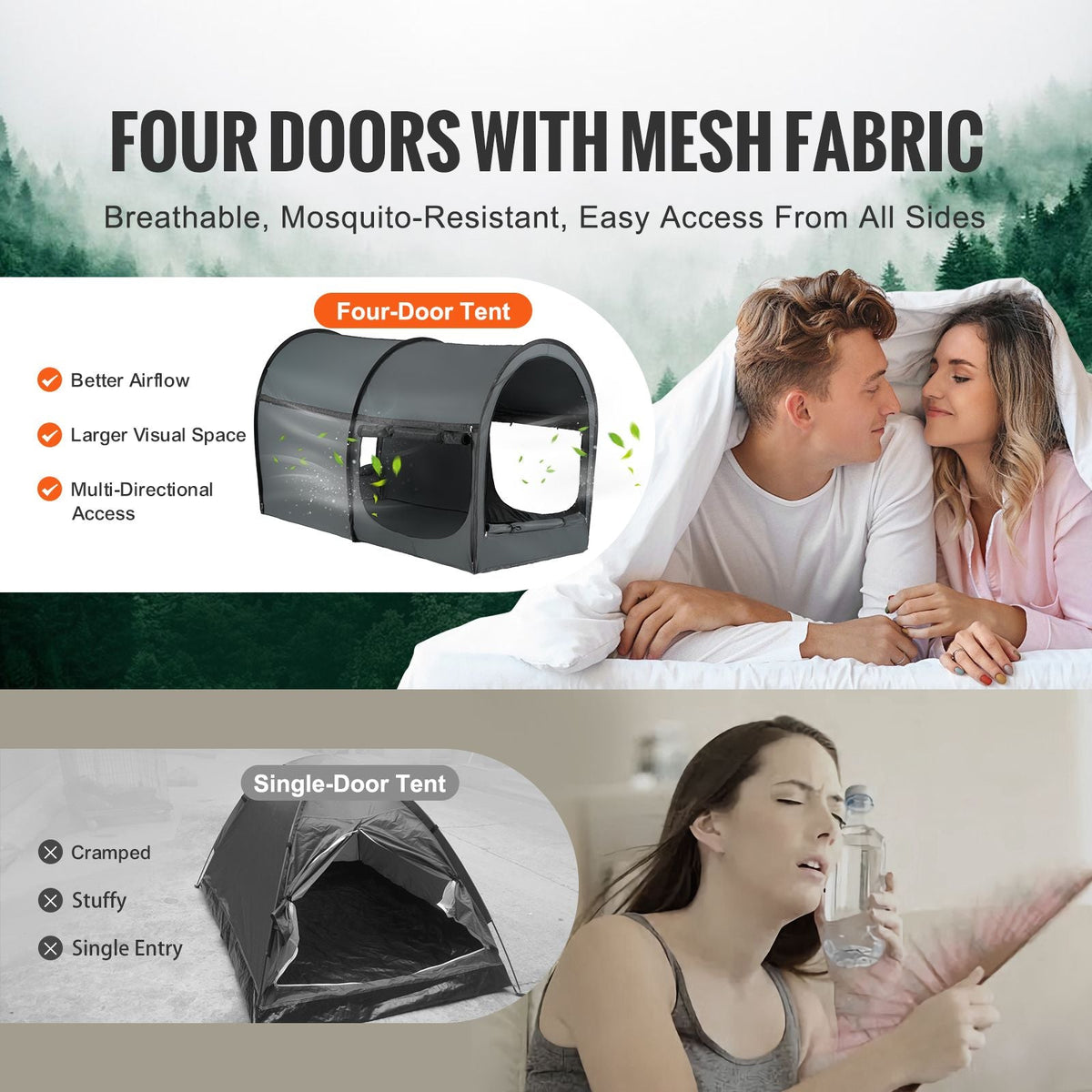 Bed Tent, Pongee Fabric, 4 Doors Breathable Dream Tent with 0.28 in Fiber Poles on Bed Privacy, Full Size Block out Light Sleeping Bed Canopy, Fit for Kids Playhouse and Adults Sleeping Tent
