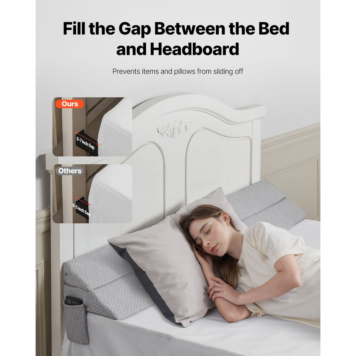 Bed Wedge Pillow for Headboard, King Size, 76"x10"x6" Bed Gap Filler, Fill 0-7" Gap Between Headboard and Mattress, 25D Foam Mattress Wedge Headboard Pillow with Side Pocket, for Backrest, Gray