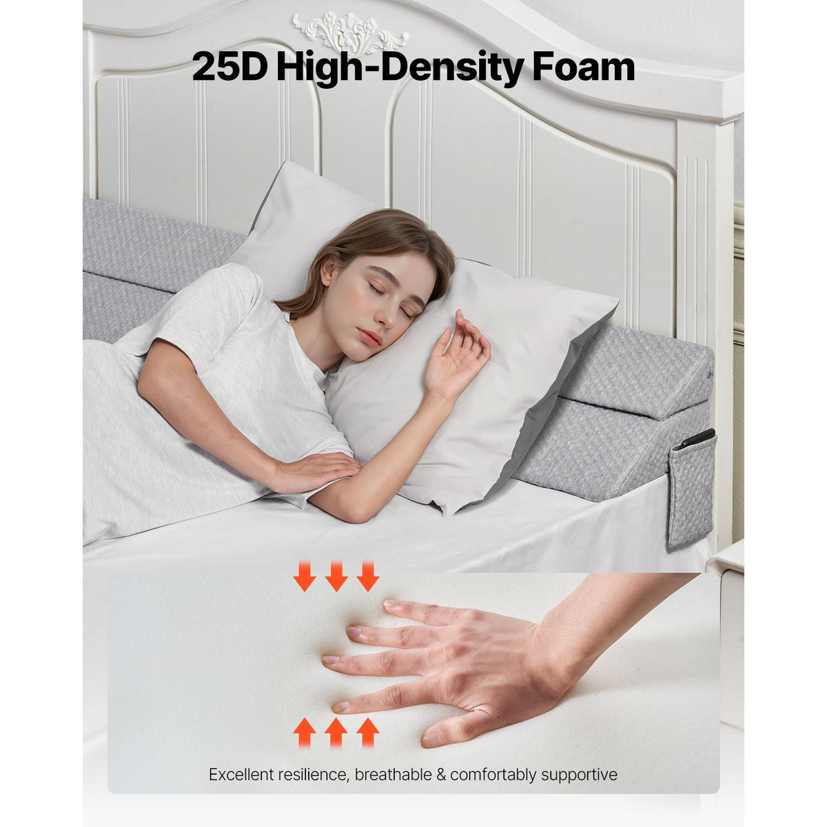 Bed Wedge Pillow for Headboard, King Size, 76"x10"x6" Bed Gap Filler, Fill 0-7" Gap Between Headboard and Mattress, 25D Foam Mattress Wedge Headboard Pillow with Side Pocket, for Backrest, Gray