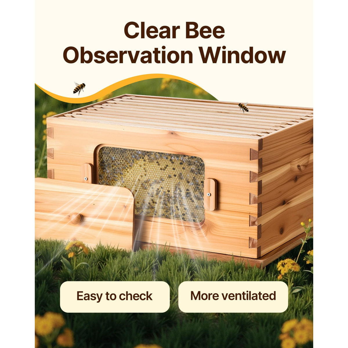 Bee Hive Deep Box Starter Kit, 100% Beeswax Coated Natural Fir Wood, Langstroth Beehive Kit with 10 Frames and Foundations, Transparent Acrylic Bee Windows for Beginners and Pro Beekeepers