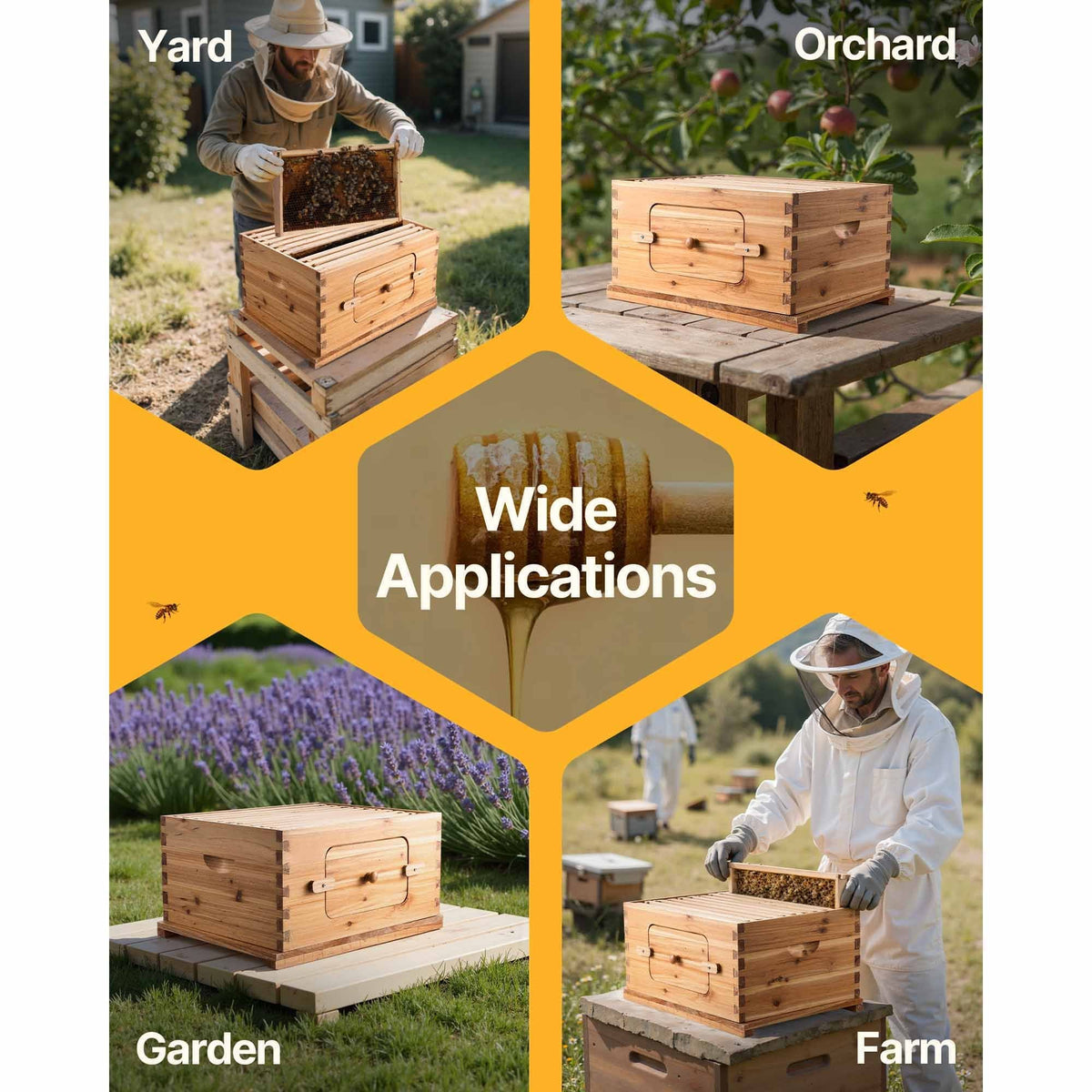 Bee Hive Deep Box Starter Kit, 100% Beeswax Coated Natural Fir Wood, Langstroth Beehive Kit with 10 Frames and Foundations, Transparent Acrylic Bee Windows for Beginners and Pro Beekeepers