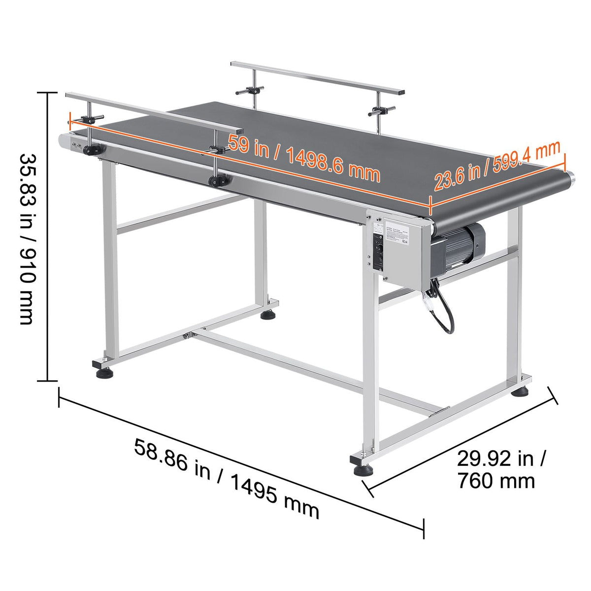 Belt Conveyor, 59 x 23.6 inch Conveyor Table, Heavy Duty Stainless Steel Motorized Belt Conveyor for Inkjet Coding Applications Powered PVC Belt Anti-Static Adjustable Speed (Double Guardrail)
