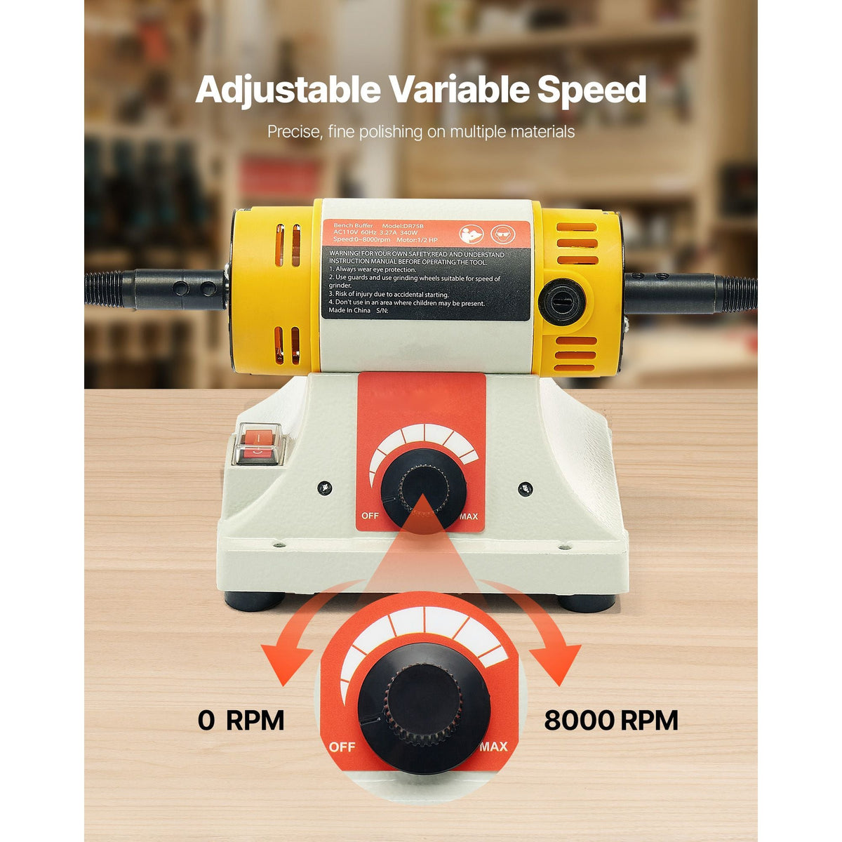 Bench Buffer Polisher, 1/2HP Polishing Buffing Machine, 0 to 8000RPM Benchtop Polisher Grinder with 4" Cloth Wheel, 3" Grinding Wheel & 3" Fiber Wheel for Metal, Jewelry, Wood and Plastic