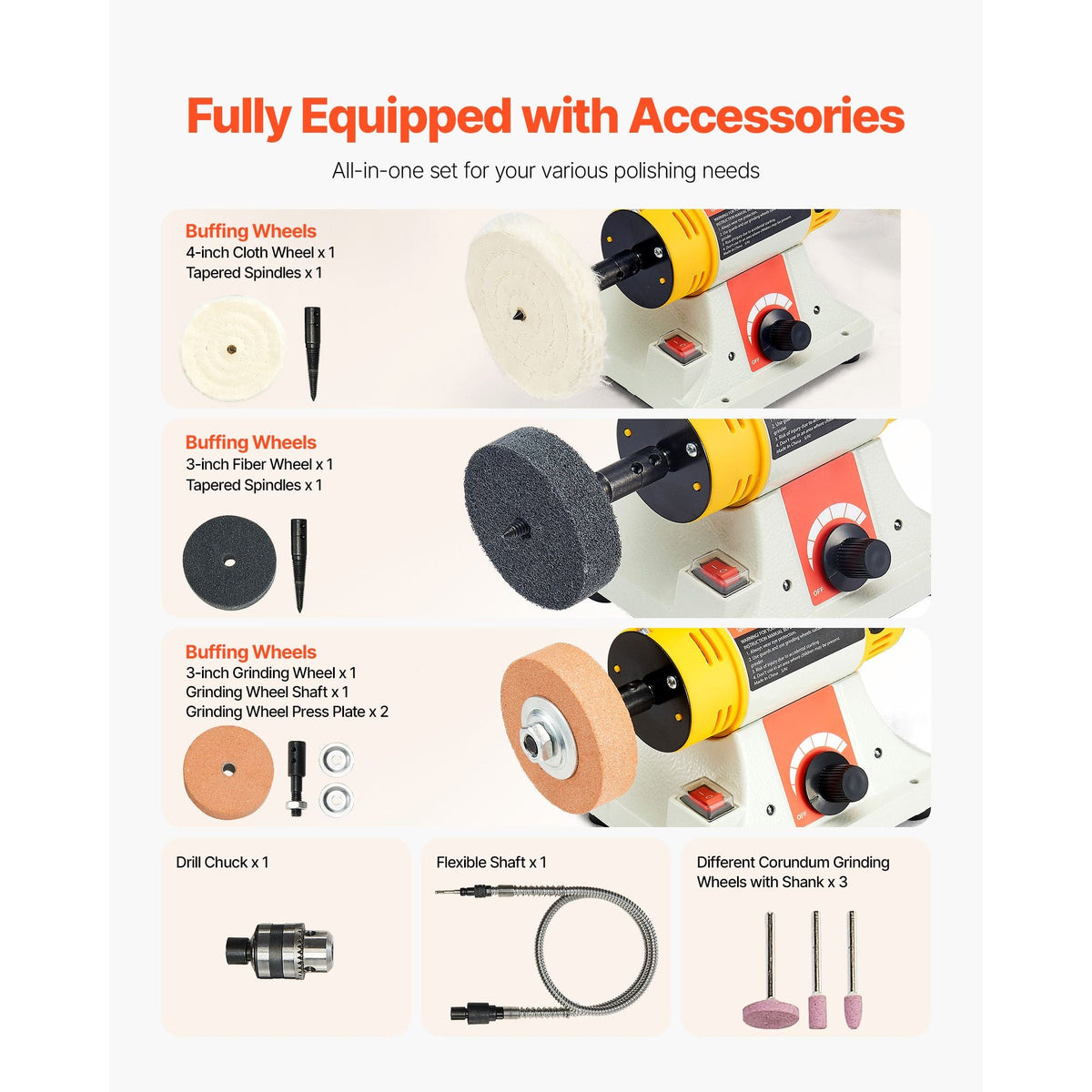 Bench Buffer Polisher, 1/2HP Polishing Buffing Machine, 0 to 8000RPM Benchtop Polisher Grinder with 4" Cloth Wheel, 3" Grinding Wheel & 3" Fiber Wheel for Metal, Jewelry, Wood and Plastic