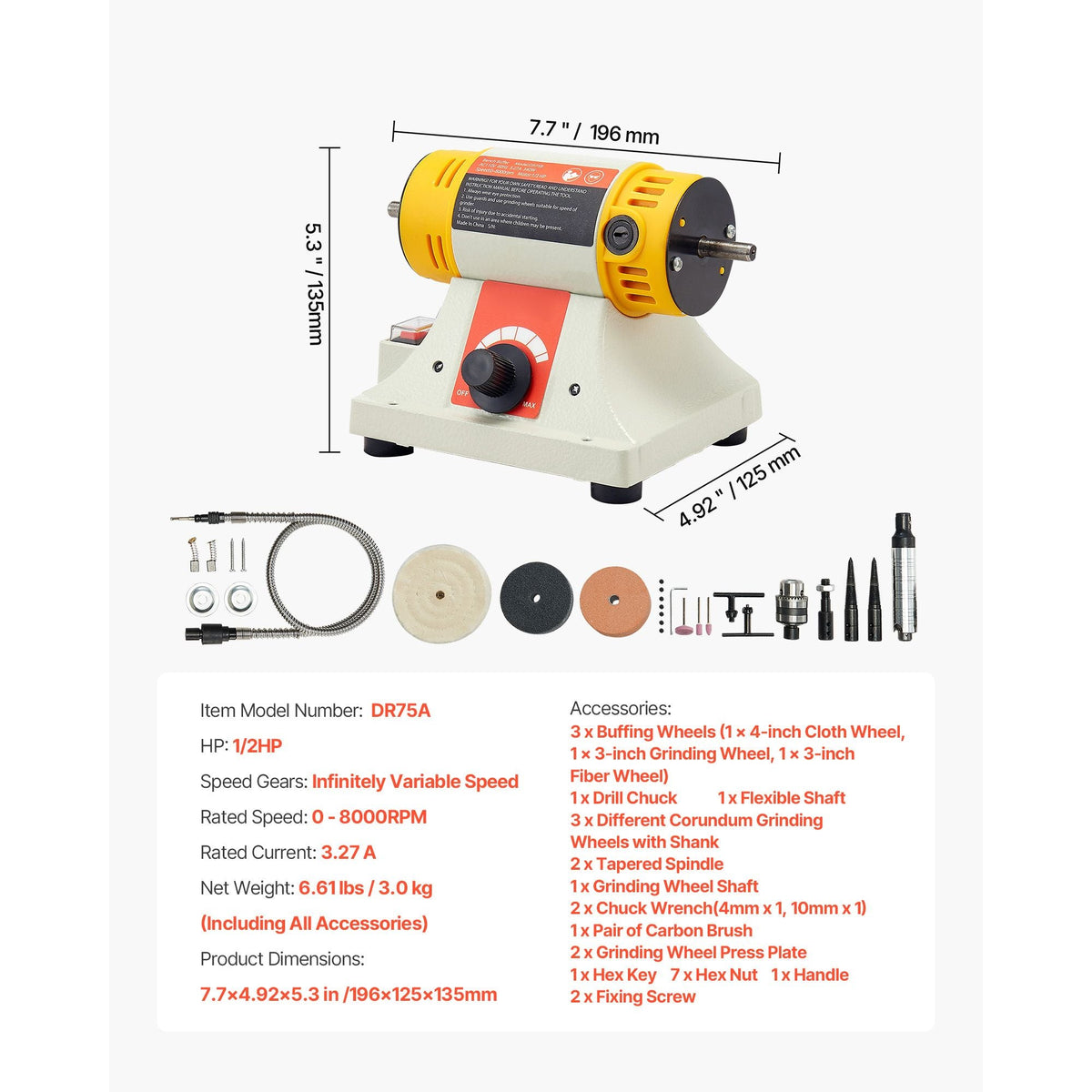 Bench Buffer Polisher, 1/2HP Polishing Buffing Machine, 0 to 8000RPM Benchtop Polisher Grinder with 4" Cloth Wheel, 3" Grinding Wheel & 3" Fiber Wheel for Metal, Jewelry, Wood and Plastic