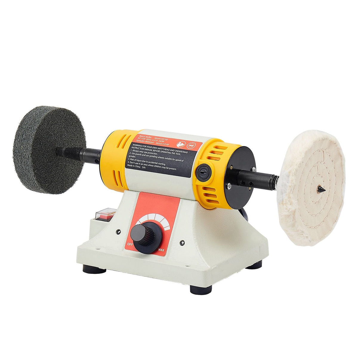 Bench Buffer Polisher, 1/2HP Polishing Buffing Machine, 0 to 8000RPM Benchtop Polisher Grinder with 4" Cloth Wheel, 3" Grinding Wheel & 3" Fiber Wheel for Metal, Jewelry, Wood and Plastic