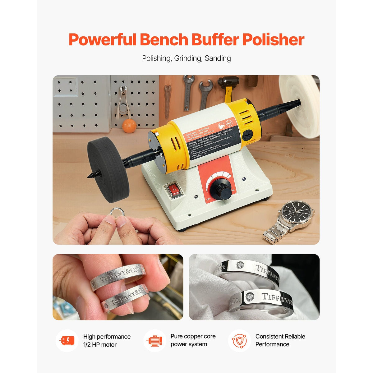 Bench Buffer Polisher, 1/2HP Polishing Buffing Machine, 0 to 8000RPM Benchtop Polisher Grinder with 4" Cloth Wheel, 3" Grinding Wheel & 3" Fiber Wheel for Metal, Jewelry, Wood and Plastic