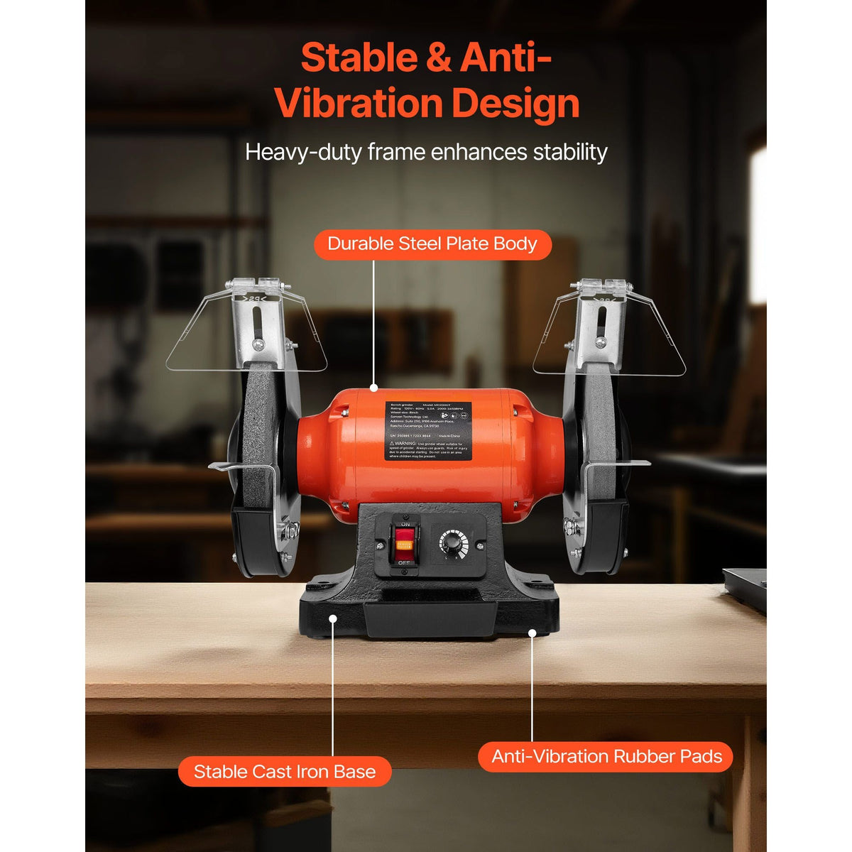 Bench Grinder, 8-inch Variable Speed Bench Grinder, 2000-3450RPM Table Grinders with 550W 5.0A Induction Motor, 36/60-Grit Grinding Wheel & Adjustable Eye Shield for Sharpening Grinding