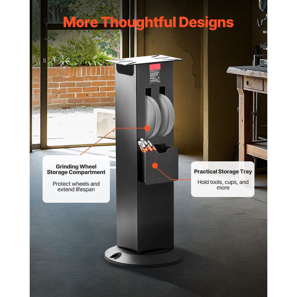 Bench Grinder Stand, Heavy-Duty Bench Grinder and Vise Floor Pedestal with 11" x 6.7" Mounting Plate, Grinding Wheel Storage Compartments & Cast Iron Base, Compatible with Most Bench Grinders