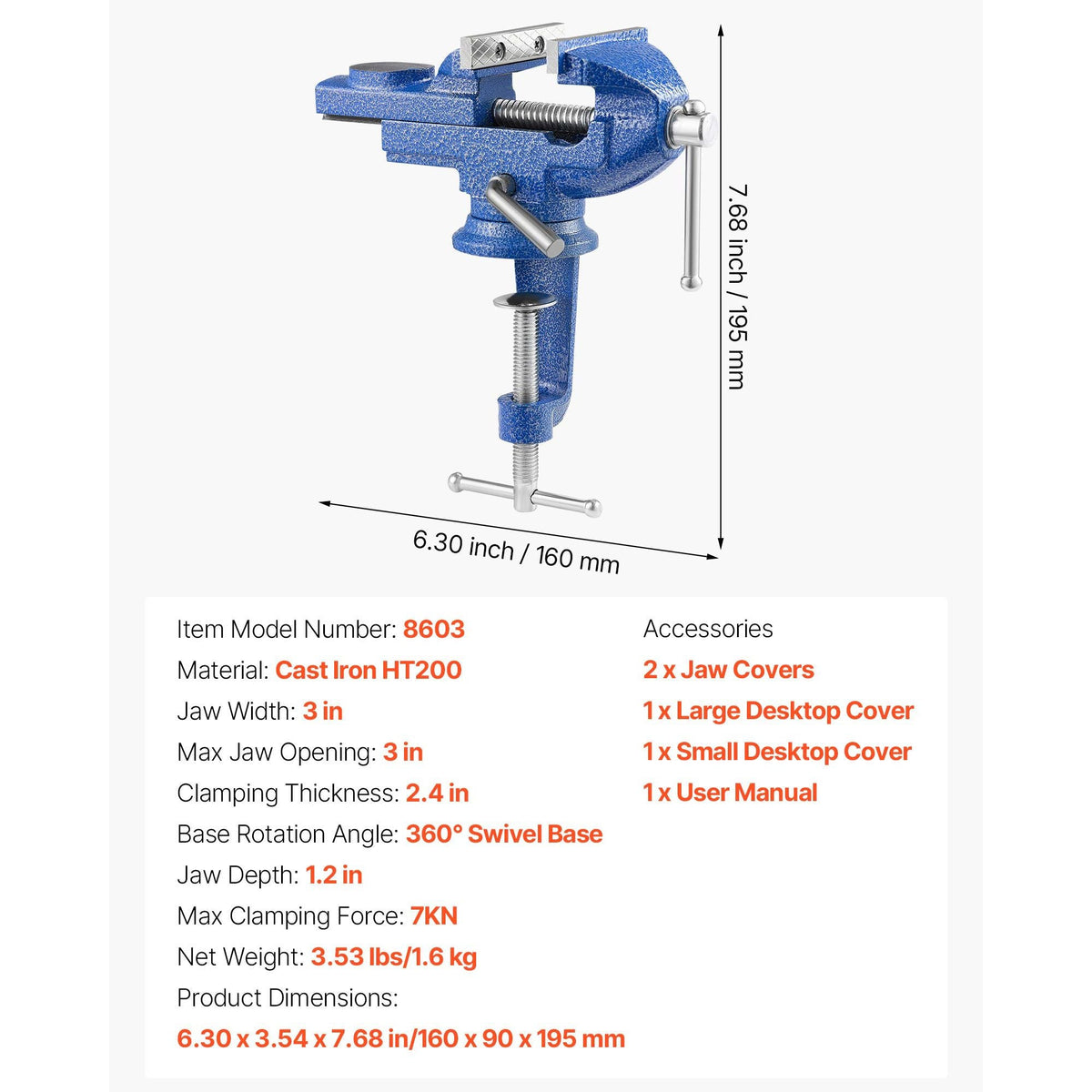 Bench Vise, 3 Inch, Portable Workbench Vice with 360° Swivel Base, Quick Release Rotating Bench Clamp, Raised Base, Cast Iron Construction, for Woodworking, Metalworking, Drilling, and Cutting