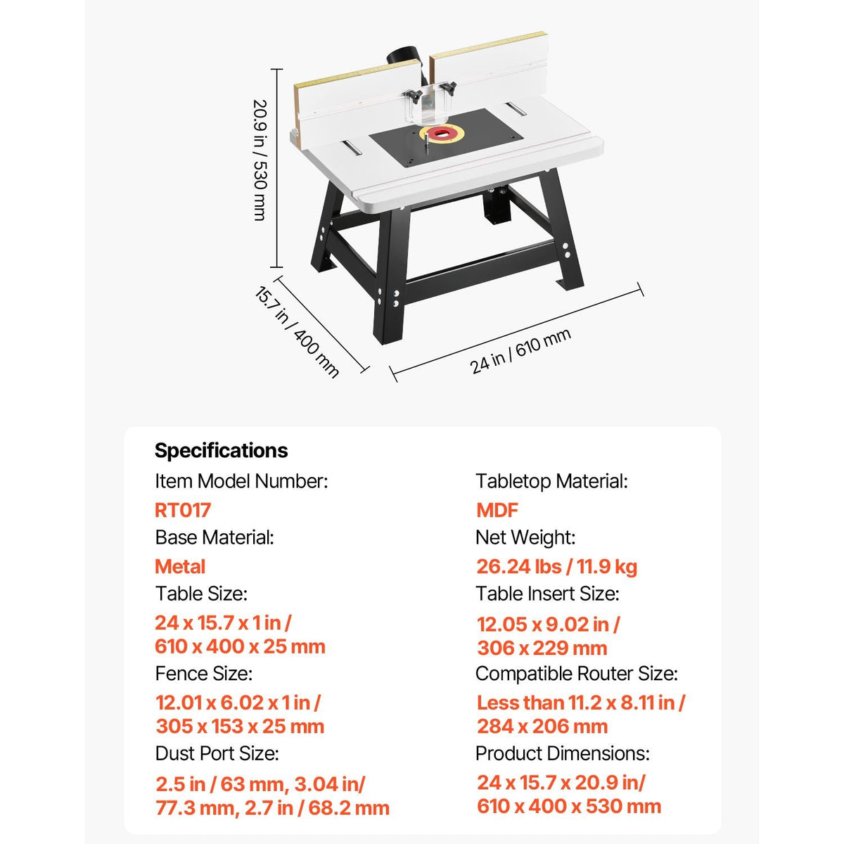 Benchtop Router Table, 24 in x 15.7 in, Bench Top Routing Table with Adjustable Fence, MDF Top, Sturdy Metal Base, 2-1/2 in Dust Collection Port, Compatible with Routes & Various Drill Bits