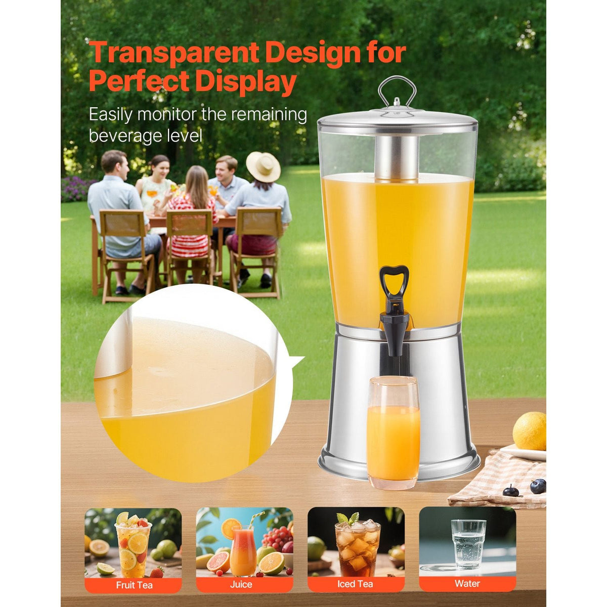 Beverage Dispenser, 2.1 Gallon Drink Dispenser for Parties, Stainless Steel + Plastic Juice Dispensers with Spigot Ice Chamber, Iced Tea Lemonade Juice Water Dispensers, for Restaurants, Hotels