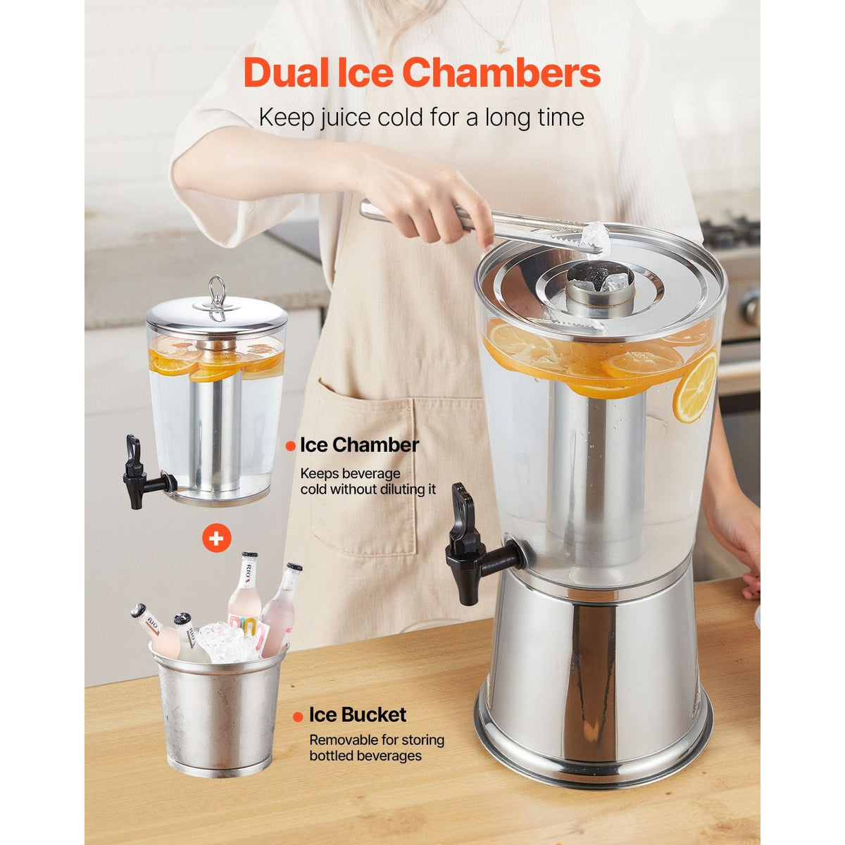 Beverage Dispenser, 2.1 Gallon Drink Dispenser for Parties, Stainless Steel + Plastic Juice Dispensers with Spigot Ice Chamber, Iced Tea Lemonade Juice Water Dispensers, for Restaurants, Hotels