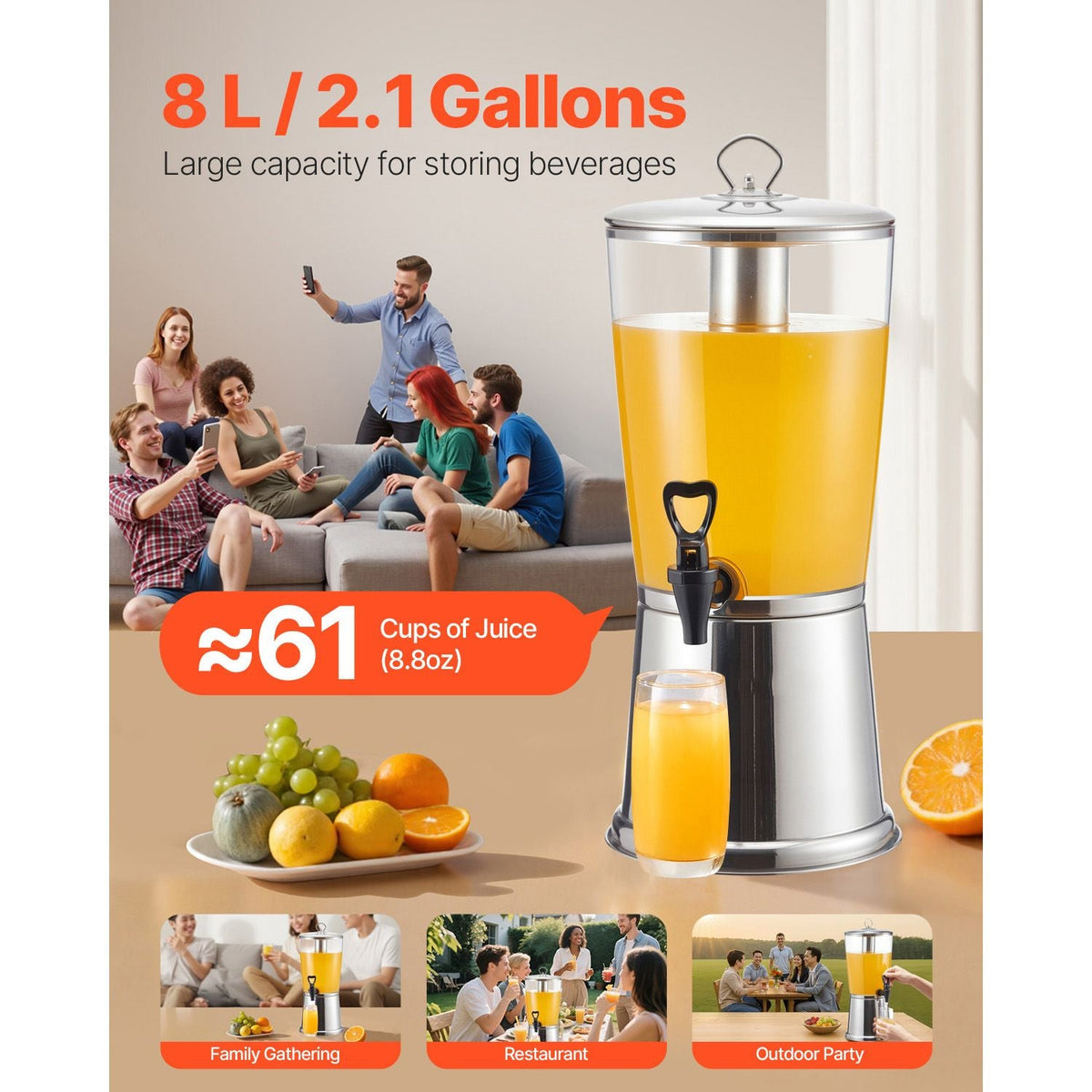 Beverage Dispenser, 2.1 Gallon Drink Dispenser for Parties, Stainless Steel + Plastic Juice Dispensers with Spigot Ice Chamber, Iced Tea Lemonade Juice Water Dispensers, for Restaurants, Hotels