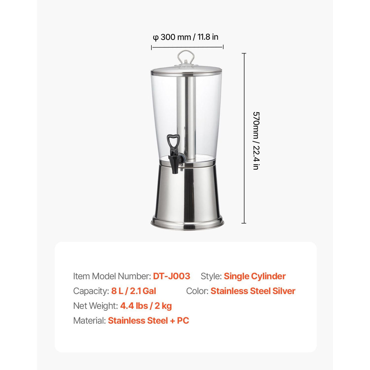 Beverage Dispenser, 2.1 Gallon Drink Dispenser for Parties, Stainless Steel + Plastic Juice Dispensers with Spigot Ice Chamber, Iced Tea Lemonade Juice Water Dispensers, for Restaurants, Hotels