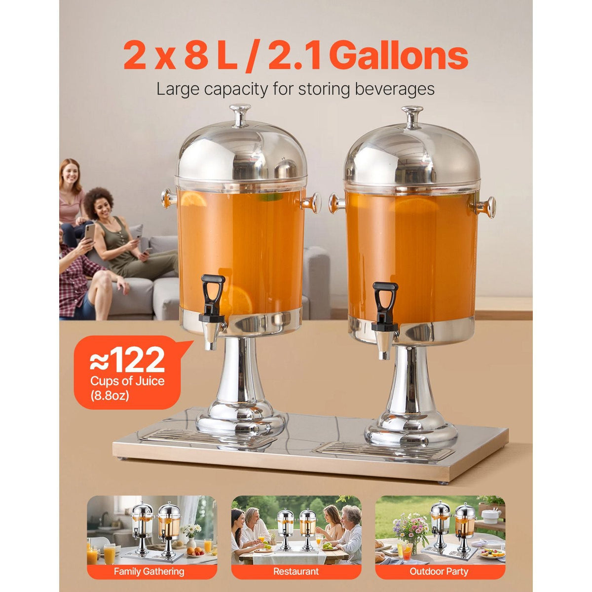 Beverage Dispenser, 2.1 Gallon x 2 Drink Dispenser for Parties, Stainless Steel + Plastic Juice Dispensers with Spigot Ice Chamber Tray, Iced Tea Lemonade Dispensers, for Restaurants, Hotels