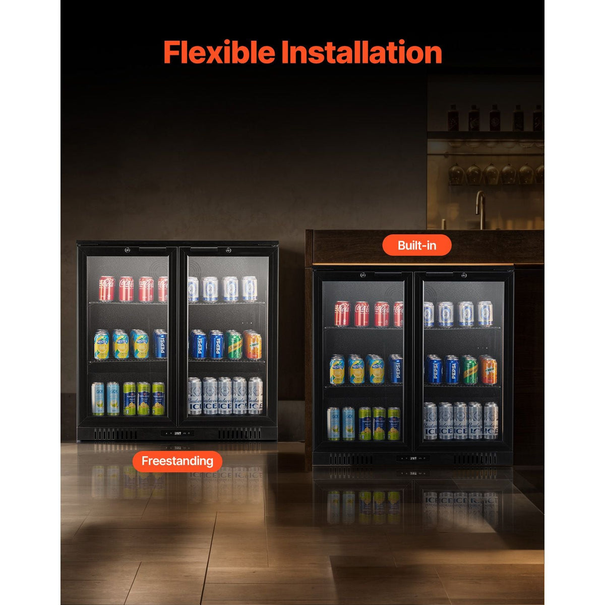 Beverage Refrigerator Cooler, 246 Can Beverage Fridge, Soda Beer Fridge with Glass Doors, Adjustable Shelves, Digital Temperature Control, Built-in or Freestanding Fridge for Restaurant & Bar