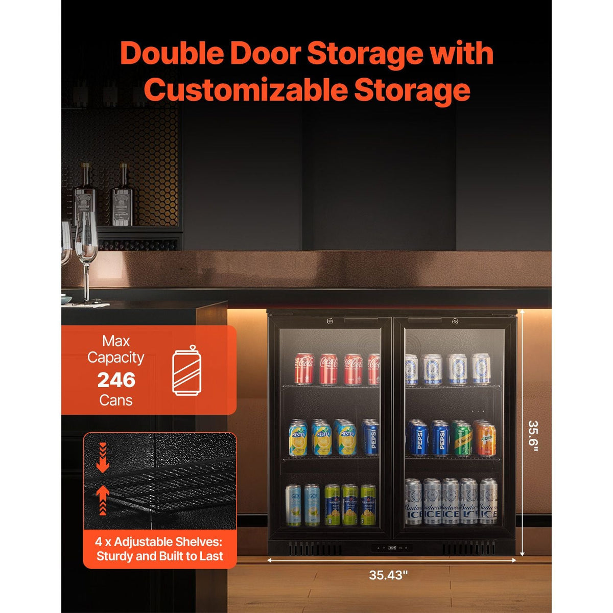 Beverage Refrigerator Cooler, 246 Can Beverage Fridge, Soda Beer Fridge with Glass Doors, Adjustable Shelves, Digital Temperature Control, Built-in or Freestanding Fridge for Restaurant & Bar