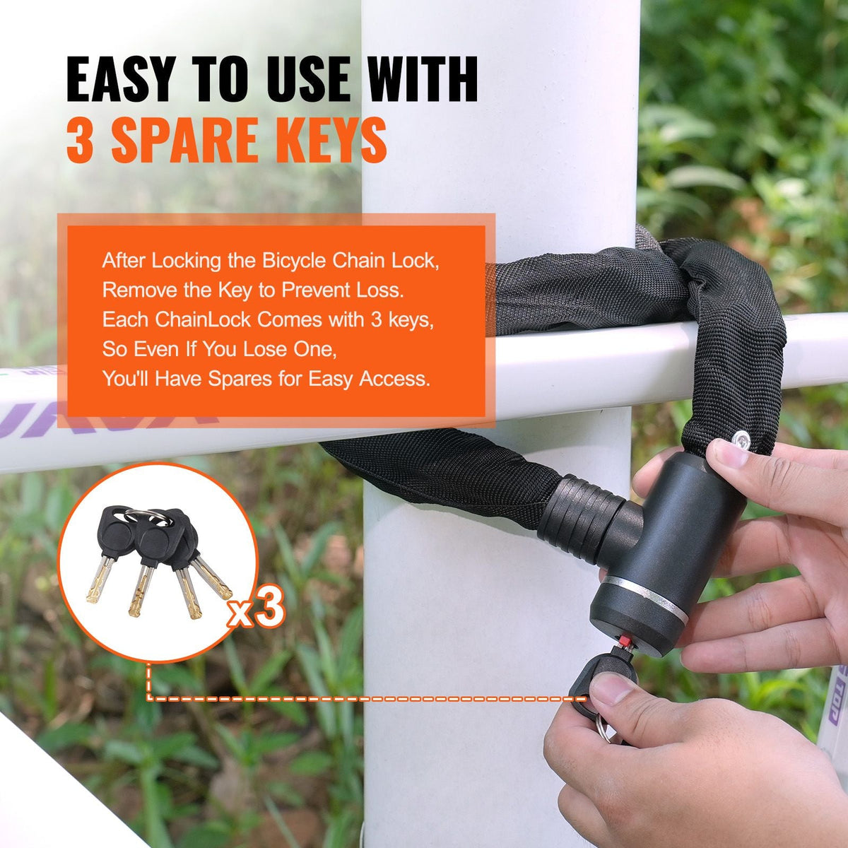 Bike Chain Lock, 3.94 Ft Combination Bicycle Chain Lock with 3 Keys, Heavy Duty Anti-Theft High Security Bike Locks, Perfect for Bike, Motorcycle, Scooter, Bicycle, Door, Fence or Gate, 10mm