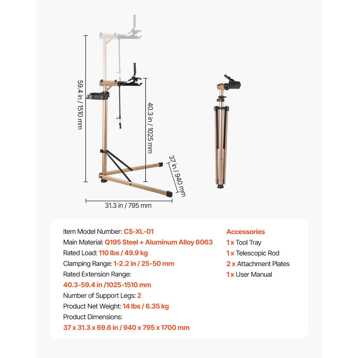 Bike Repair Stand, Max. 110 lb Heavy-duty Bicycle Work Stand with 40.3-59.4 in Adjustable Height & Large Tool Tray, Foldable Ebike Maintenance Rack, Shop Home Mechanics for Mountain Road Bike