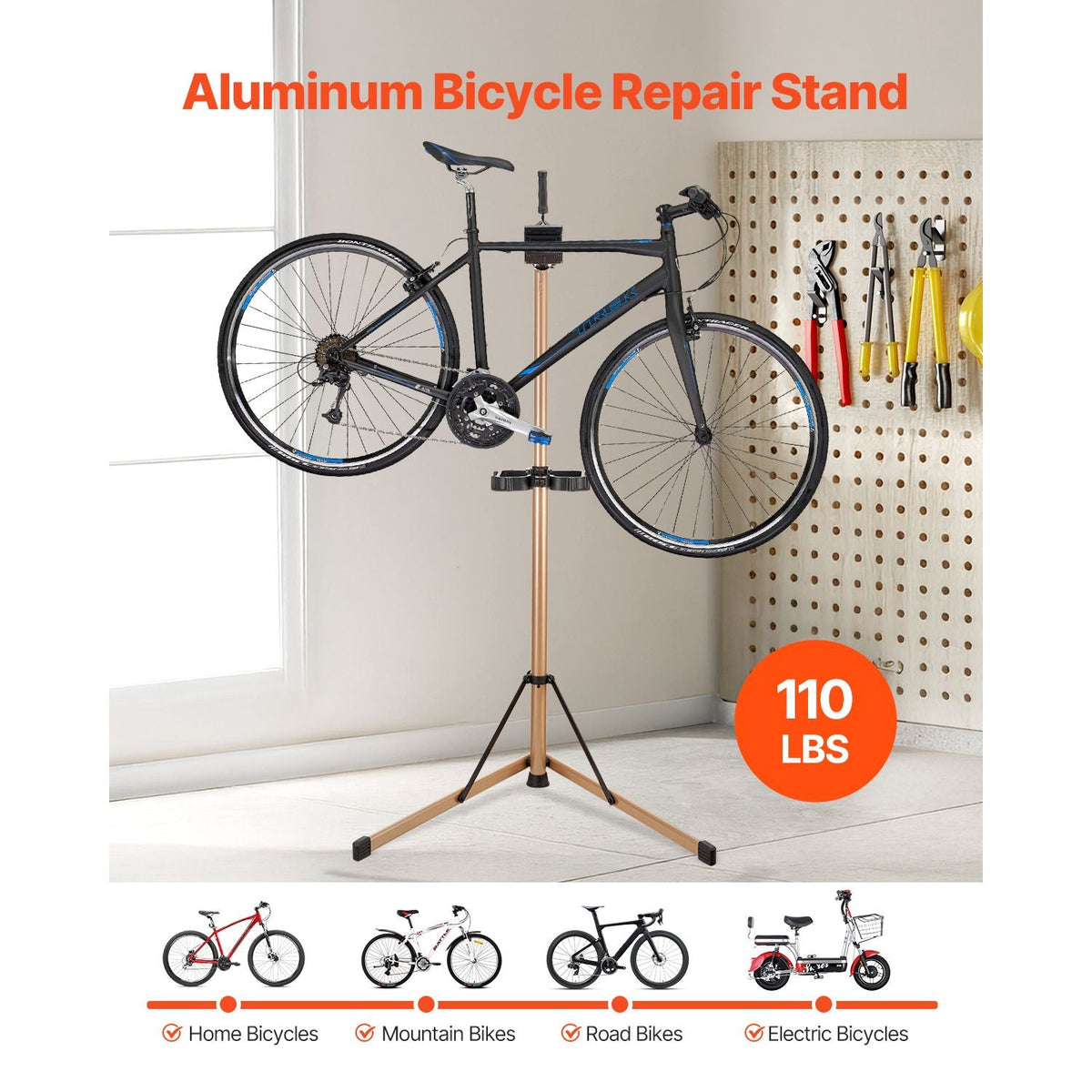 Bike Repair Stand, Max. 110 lb Heavy-duty Bicycle Work Stand with 40.3-59.4 in Adjustable Height & Large Tool Tray, Foldable Ebike Maintenance Rack, Shop Home Mechanics for Mountain Road Bike
