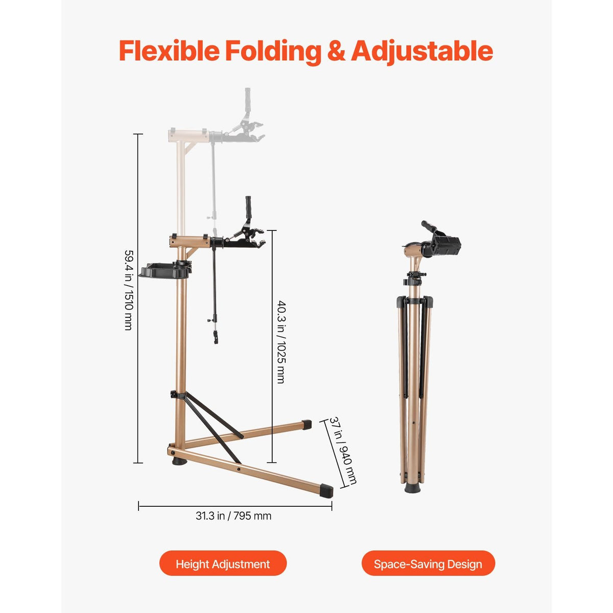 Bike Repair Stand, Max. 110 lb Heavy-duty Bicycle Work Stand with 40.3-59.4 in Adjustable Height & Large Tool Tray, Foldable Ebike Maintenance Rack, Shop Home Mechanics for Mountain Road Bike
