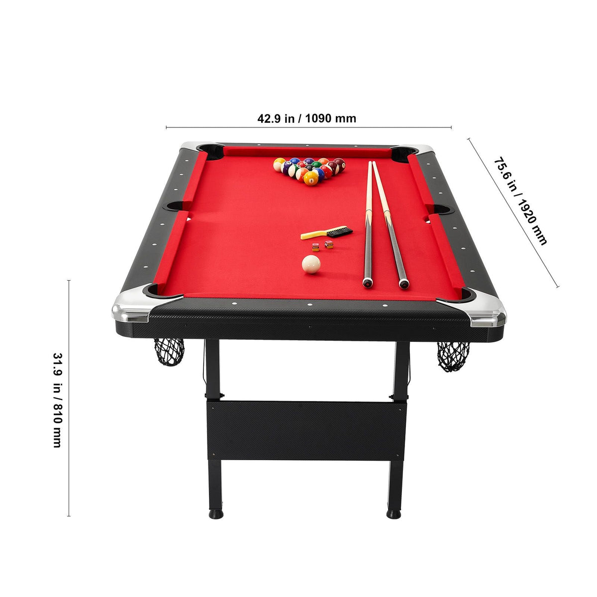 Billiards Table, 6.3 ft Pool Table, Portable Foldable Space-Saving Table, Billiard Table Set Includes Balls, Cues, Chalks and Brush, Black with Red Cloth, Perfect for Family Game Room Kid Adult