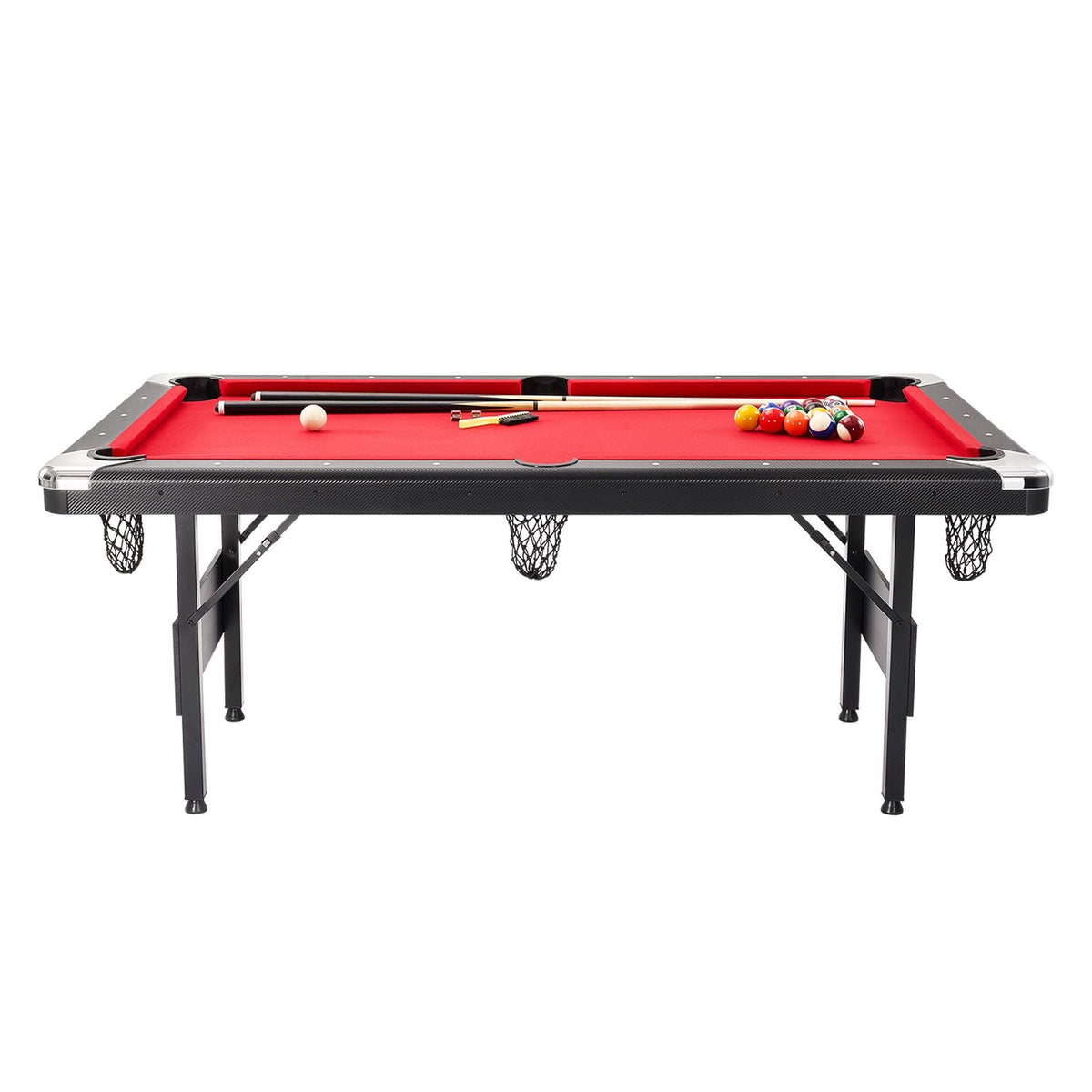 Billiards Table, 6.3 ft Pool Table, Portable Foldable Space-Saving Table, Billiard Table Set Includes Balls, Cues, Chalks and Brush, Black with Red Cloth, Perfect for Family Game Room Kid Adult