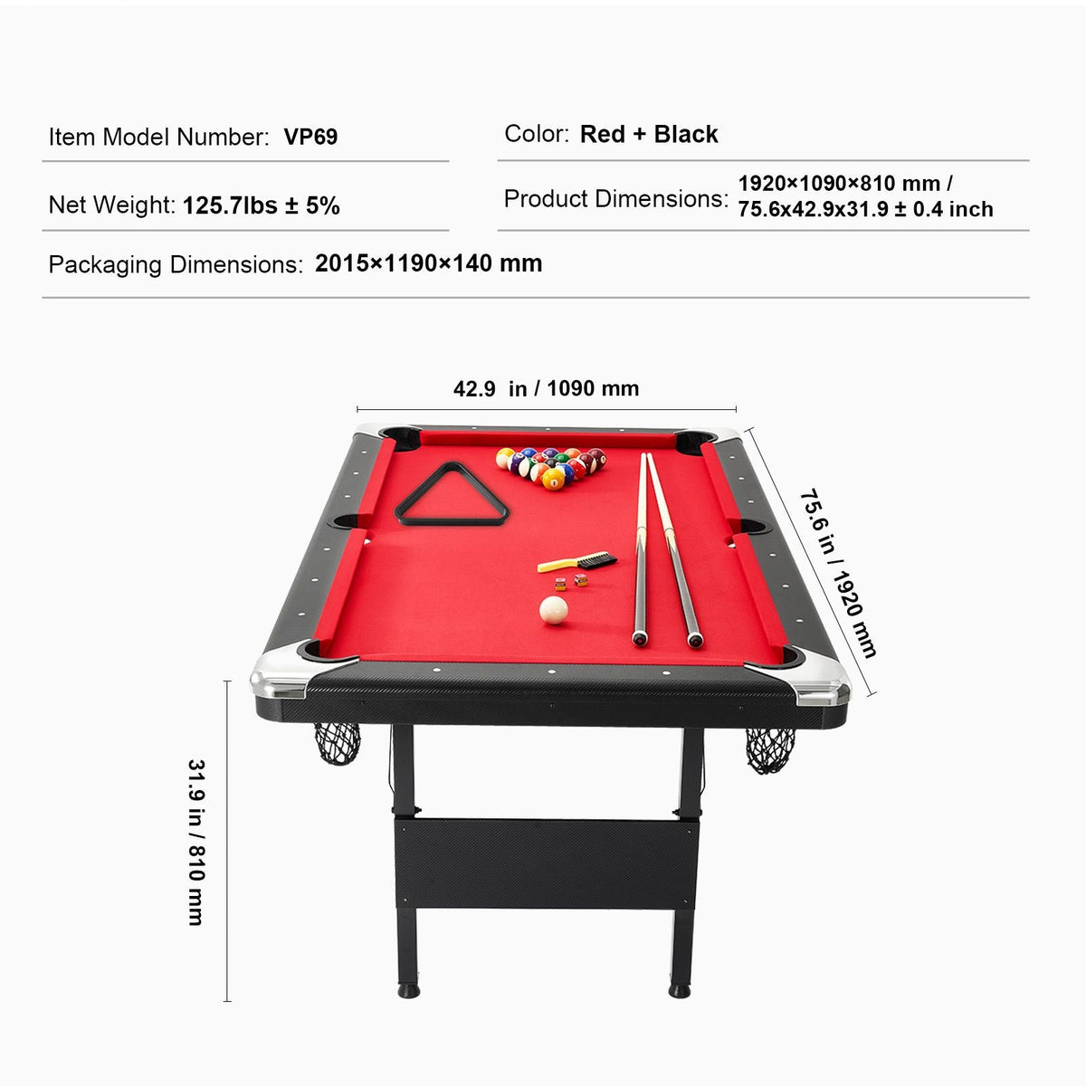 Billiards Table, 6.3 ft Pool Table, Portable Foldable Space-Saving Table, Billiard Table Set Includes Balls, Cues, Chalks and Brush, Black with Red Cloth, Perfect for Family Game Room Kid Adult