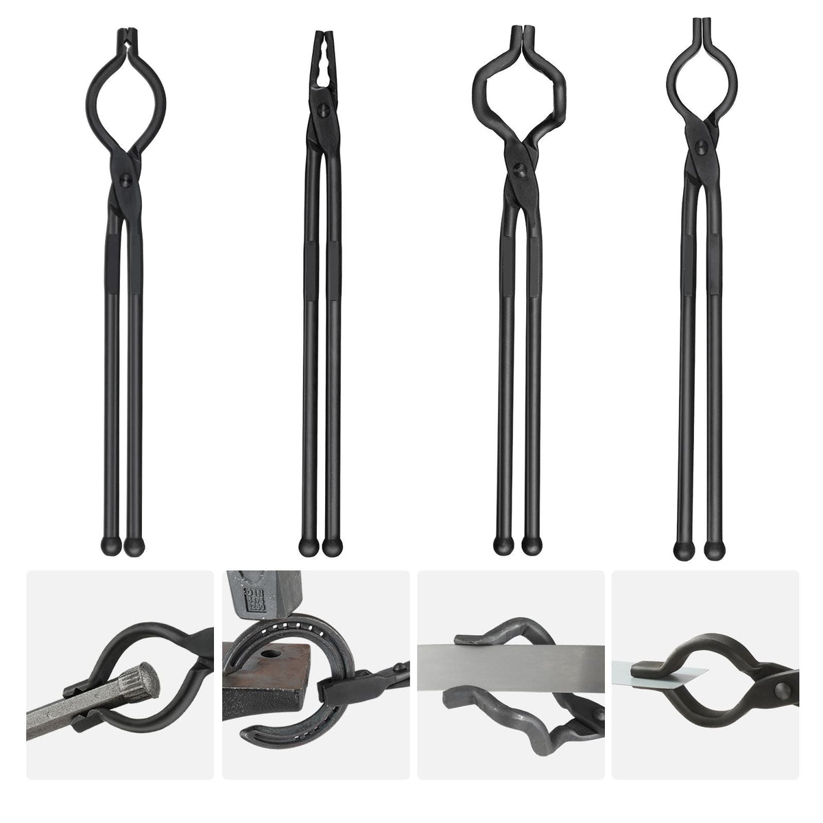 Blacksmith Tongs, 18' 4 PCS, V-Bit Bolt Tongs, Wolf Jaw Tongs, Z V-Bit Tongs and Gripping Tongs, Carbon Steel Forge Tongs with A3 Steel Rivets, for Beginner and Seasoned Blacksmiths, Bladesmiths