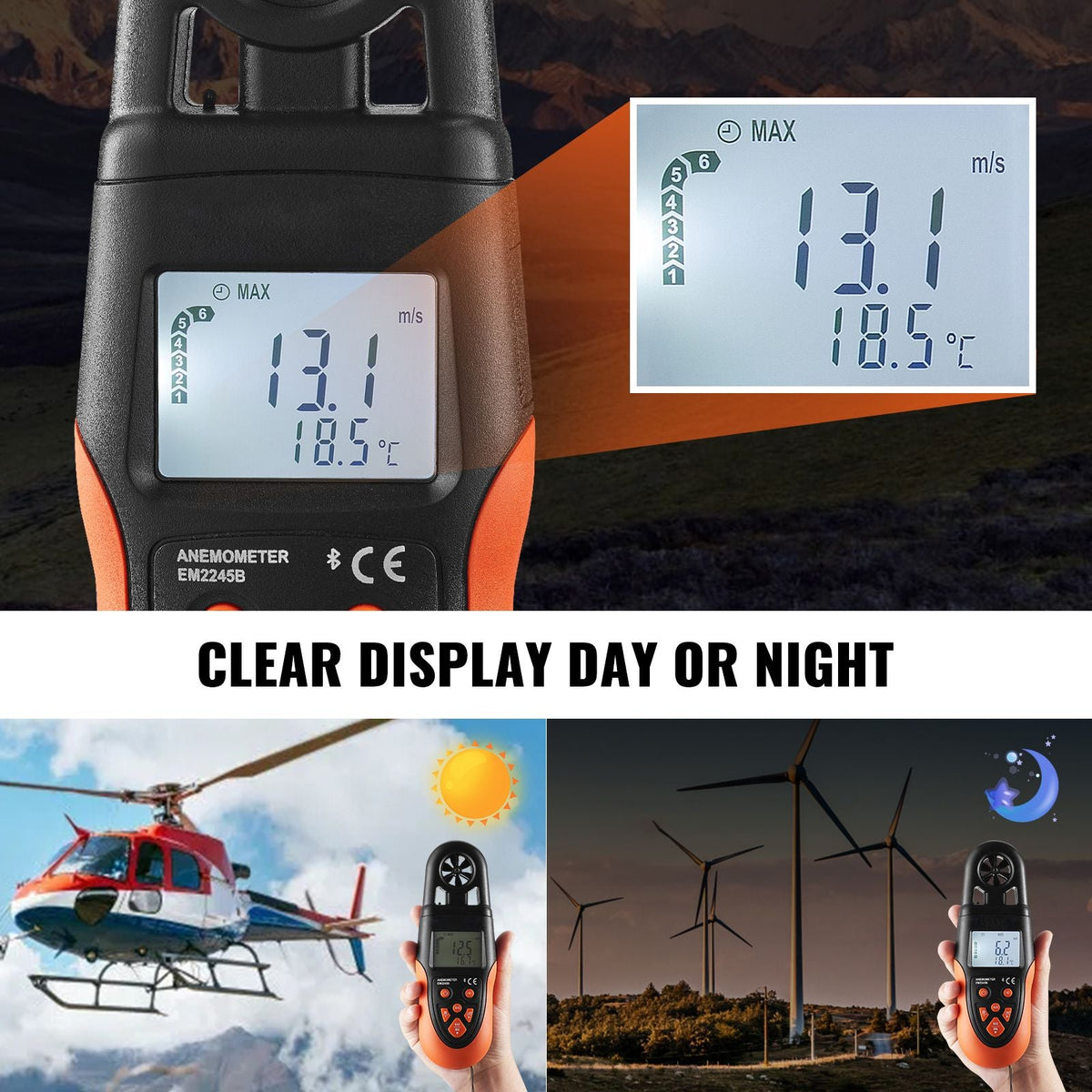 Bluetooth Portable Anemometer, Temperature Range 14-140 Fahrenheit, Digital Device for Measuring Wind Speed, Temperature, Air Flow, and Wind Chill, Equipped with LED Backlit Display