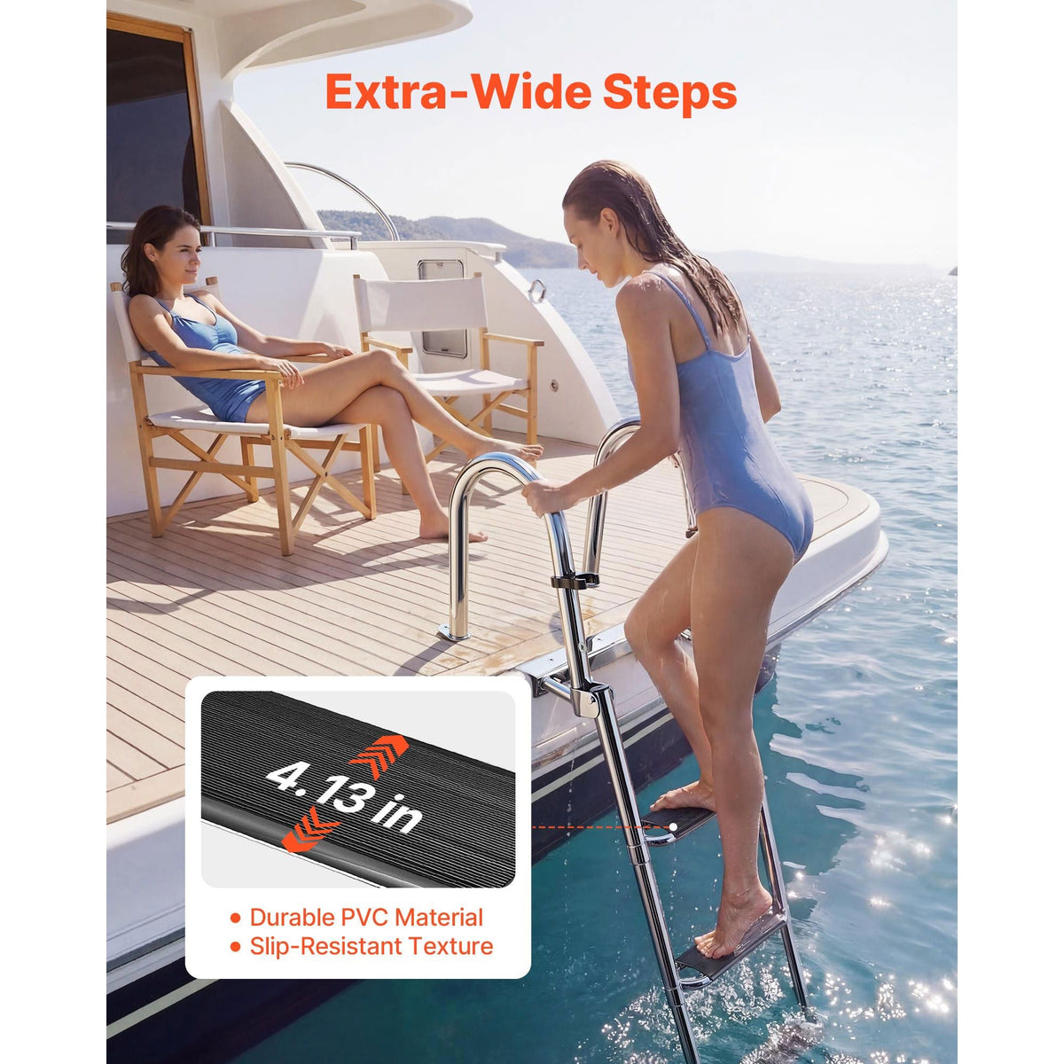 Boat Ladder, 4 Steps, Stainless Steel Telescoping Folding Swim Deck Ladder for Rear Entry Inboard, 600lbs Capacity with Extra Wide Anti-Slip Steps & Handrails, for Outboards, Yacht, Pontoon Boat