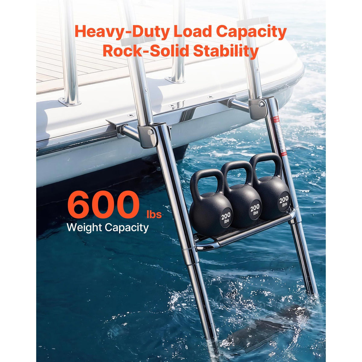Boat Ladder, 4 Steps, Stainless Steel Telescoping Folding Swim Deck Ladder for Rear Entry Inboard, 600lbs Capacity with Extra Wide Anti-Slip Steps & Handrails, for Outboards, Yacht, Pontoon Boat