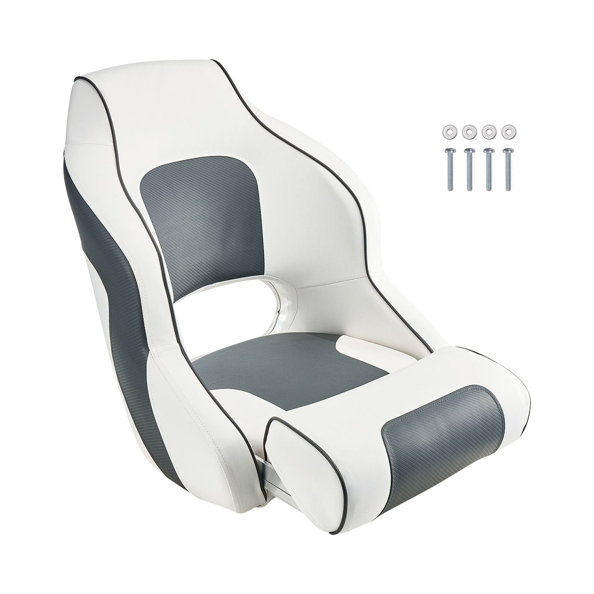 Boat Seat, High Backrest, Flip Up Boat Seat Captain Bucket Seat with Thickened Sponge Cushion & Waterproof PVC Leather, Ergonomic Design, Folding Boat Seat for Boats, Yachts, Ships, White & Grey