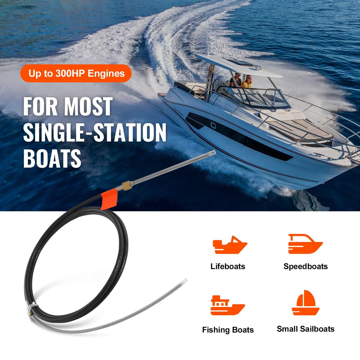 Boat Steering Cable, 17 Feet Outboard Marine Rotary Steering Cable, 1/2 Ton High Tensile Strength, Replacement Steering Cable Compatible with Most Single-Station Outboard Steering Systems