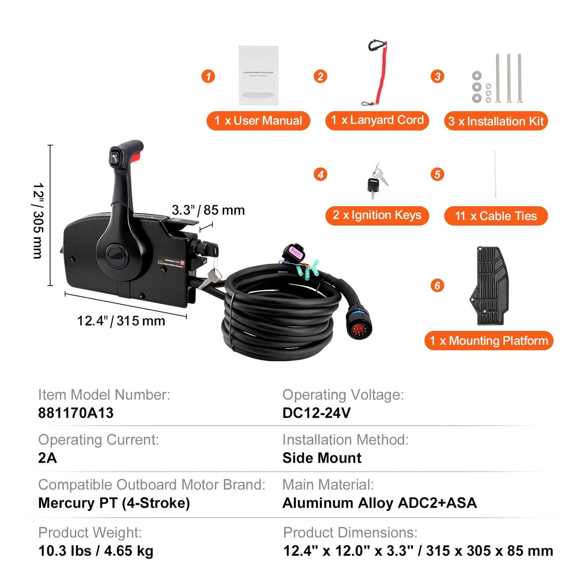 Boat Throttle Control, 881170A13 Side-Mounted Outboard Remote Control Box for Mercury PT 4-Stroke, Marine Throttle Control Box with Power Trim Switch, 16.6 ft Harness 14 Pin, and Lanyard