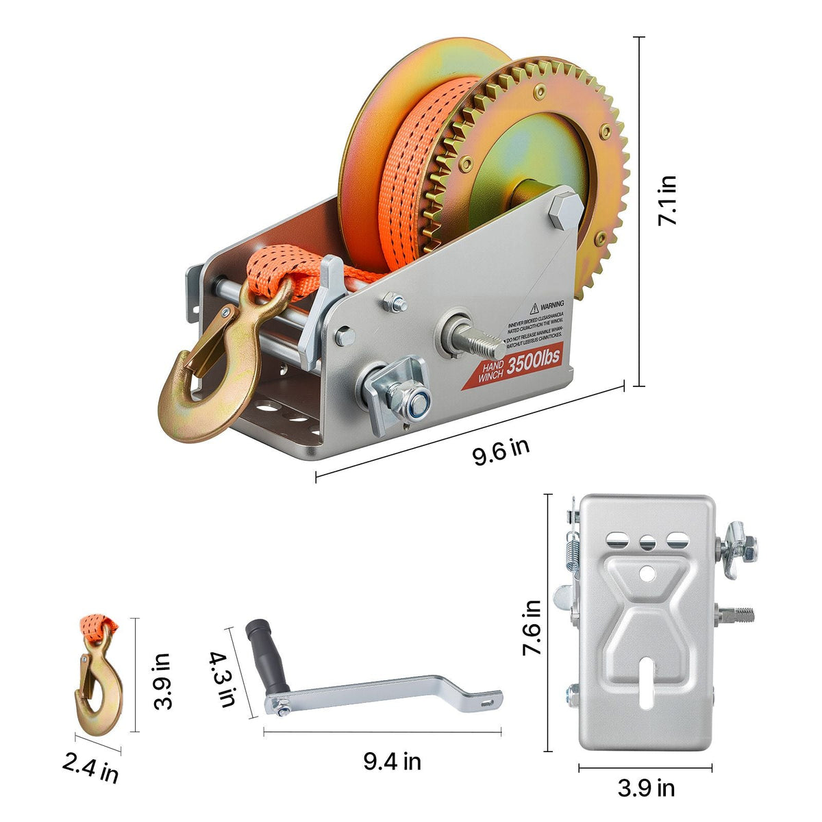 Boat Winch, 3500 lbs Hand Winch, Heavy Duty Manual Rope Crank with 20ft Orange Polyester Strap, Portable Two-Way Ratchet, 2 Speed Switchable, Anti-Slip Handle Gear for Boat Trailer ATV Towing