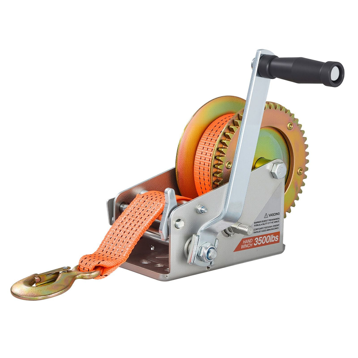 Boat Winch, 3500 lbs Hand Winch, Heavy Duty Manual Rope Crank with 20ft Orange Polyester Strap, Portable Two-Way Ratchet, 2 Speed Switchable, Anti-Slip Handle Gear for Boat Trailer ATV Towing
