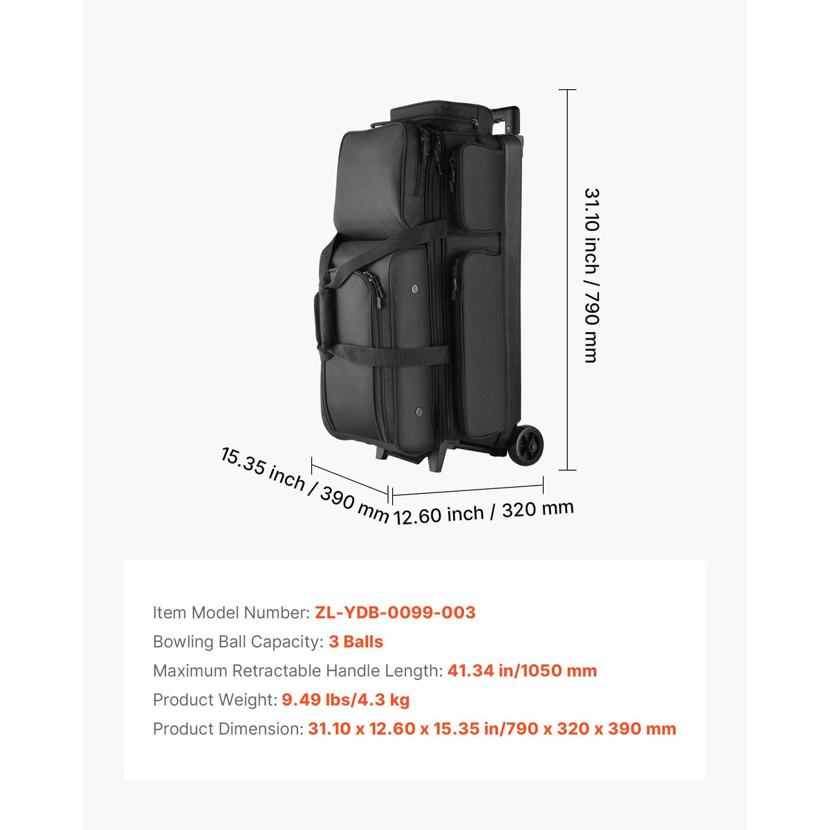 Bowling Ball Bag, 3 Ball Double Roller Bowling Bag with Wheels, Featuring a Separate Compartment for Shoes (Up To US Size 16) & Oversized Accessory Pocket, Retractable Handle Extends to 41.34 in