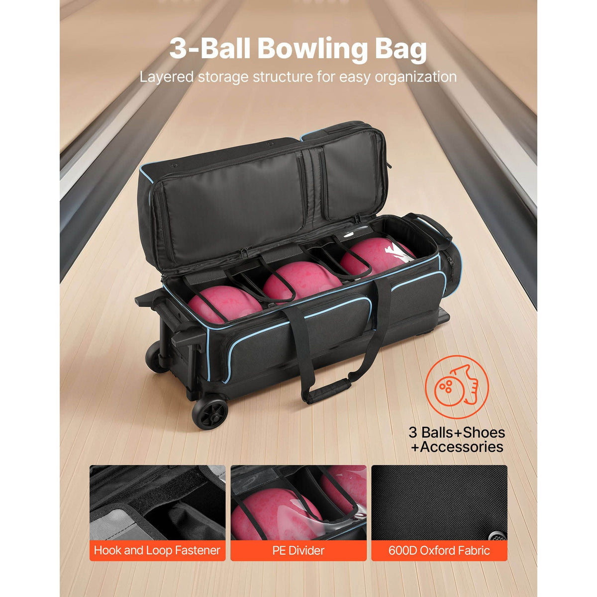 Bowling Ball Bag, 3 Ball Double Roller Bowling Bag with Wheels, Featuring a Separate Compartment for Shoes (Up To US Size 16) & Oversized Accessory Pocket, Retractable Handle Extends to 41.34 in