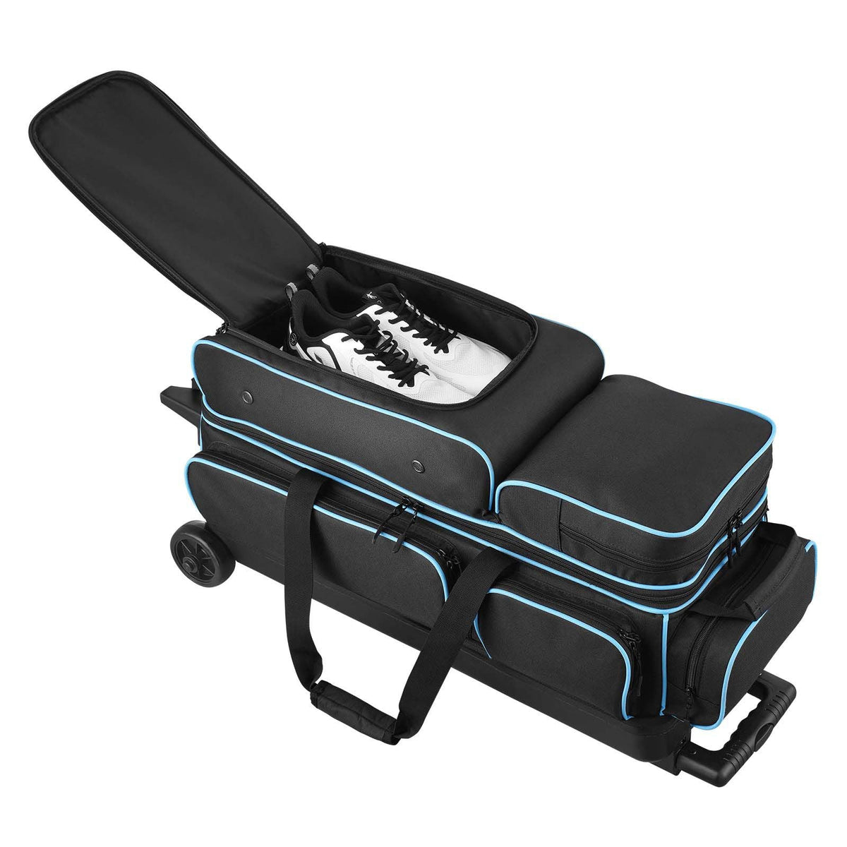 Bowling Ball Bag, 3 Ball Double Roller Bowling Bag with Wheels, Featuring a Separate Compartment for Shoes (Up To US Size 16) & Oversized Accessory Pocket, Retractable Handle Extends to 41.34 in